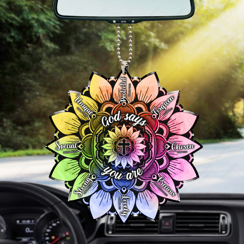 Colorful Sunflower God Says You Are Acrylic Car Ornament, Perfect Christmas Gift For Family, Friends
