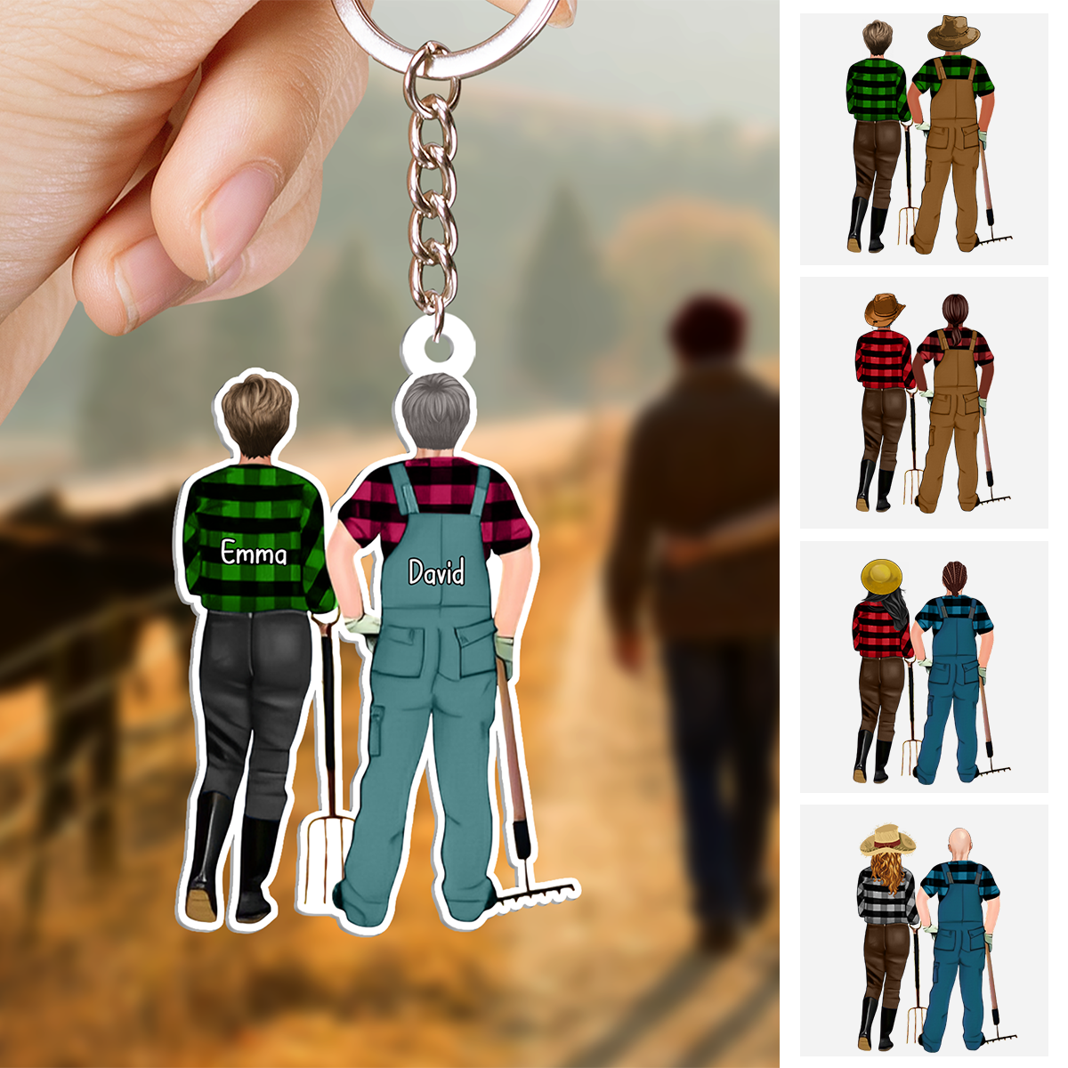 Personalized Farmer Couple Partners Back View Flat Acrylic Keychain, Meaningful Gifts For Farmer Couple Partners Soulmates