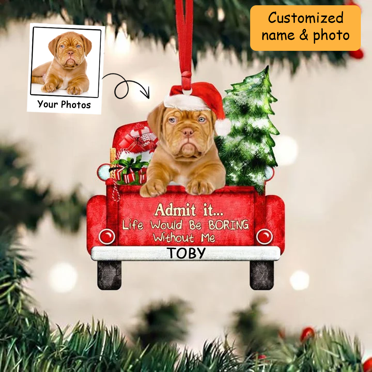 Customized Photo Dogue De Bordeaux On The Red Truck Acrylic Christmas Ornament, Christmas Gift For Dog Lovers, Dog Owners