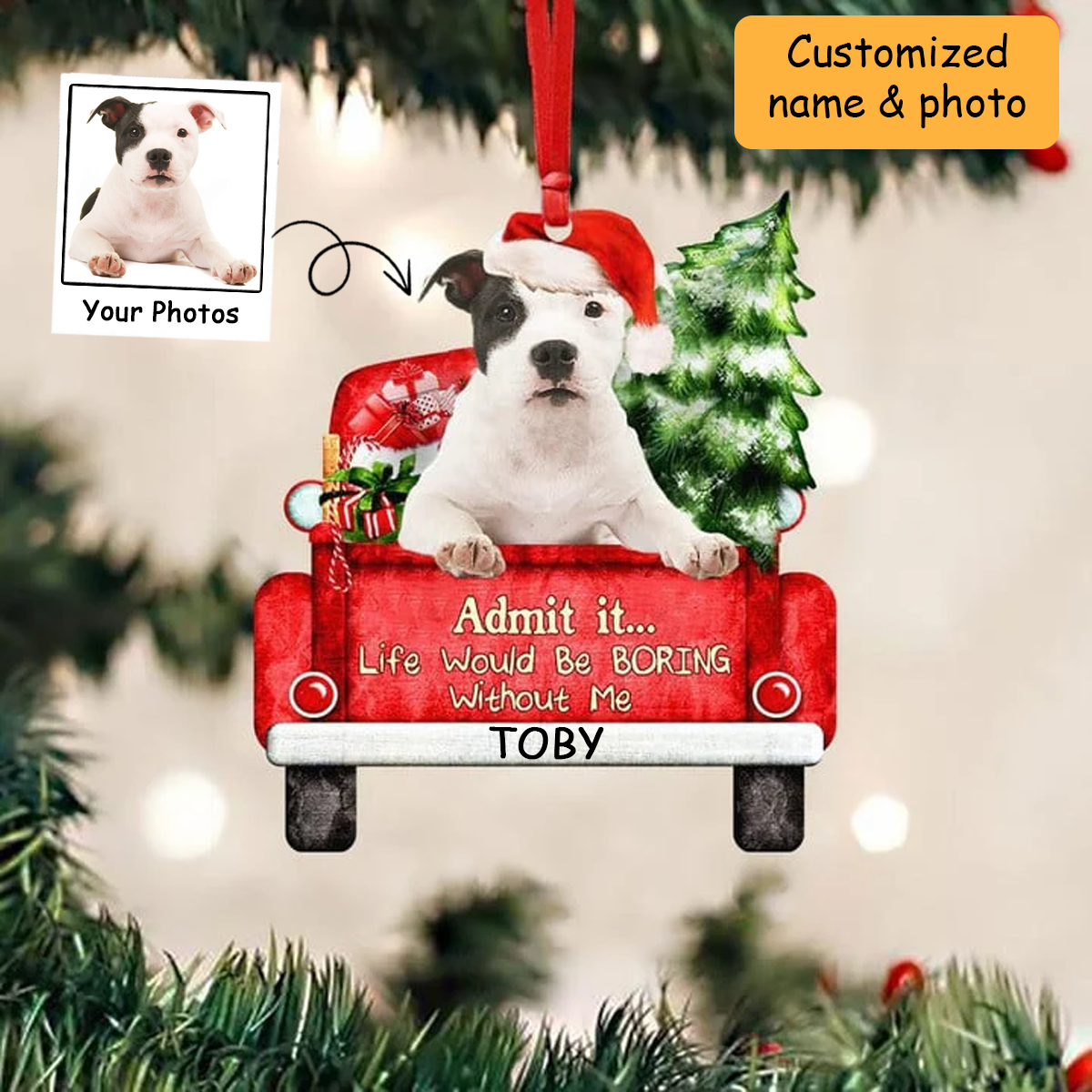 Customized Pit Bull On The Red Truck Acrylic Christmas Ornament, Christmas Gift For Dog Lovers, Dog Owners