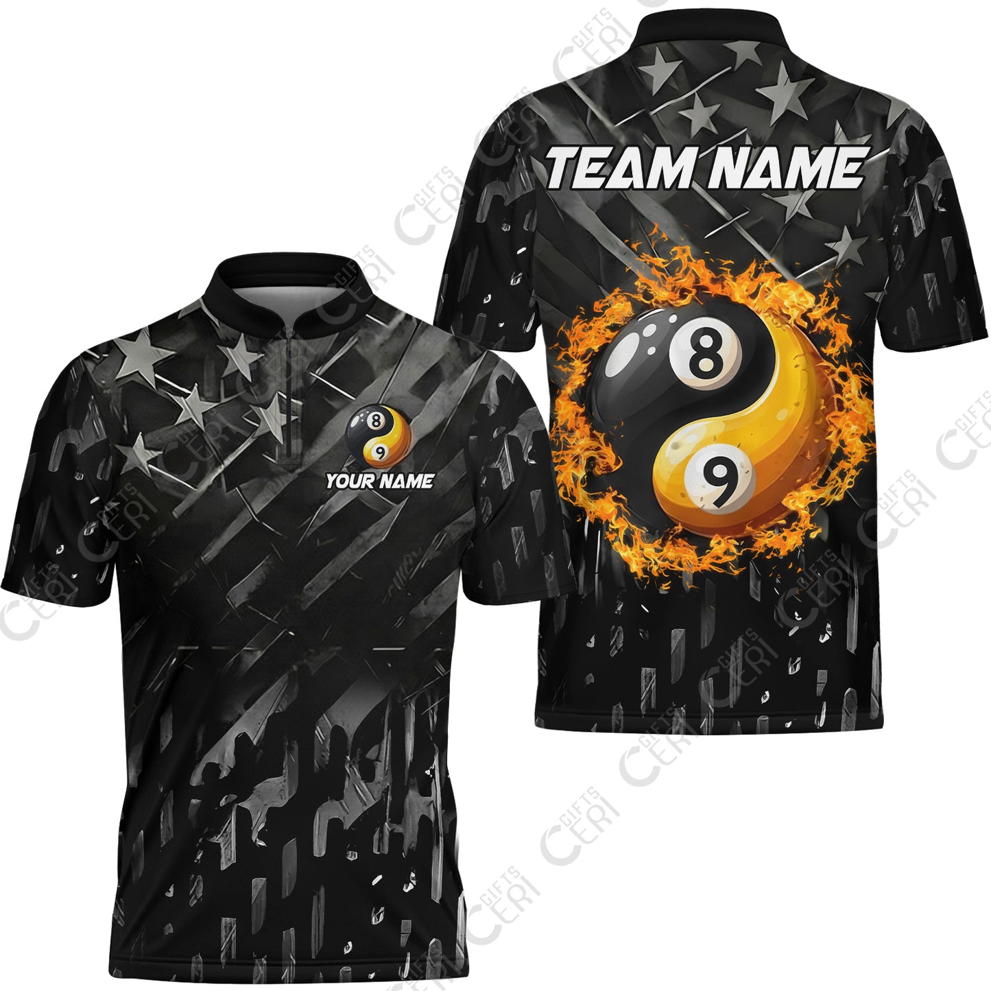 Customized Billiards Stand Collar Quarter Zip Short Sleeve Jersey, Black US Flag 8 Ball 9 Ball Ying And Yang Pool Jersey