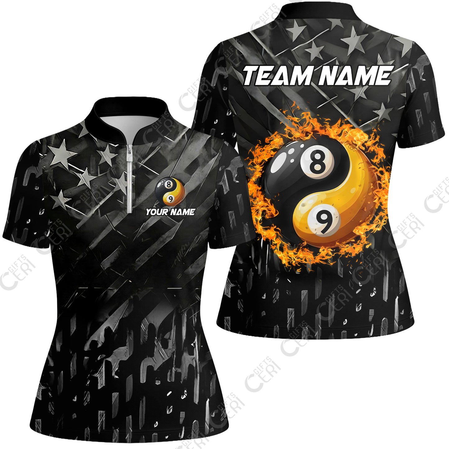 Customized Billiards Stand Collar Quarter Zip Short Sleeve Women's Shirt, Black US Flag 8 Ball 9 Ball Ying And Yang Pool Jersey