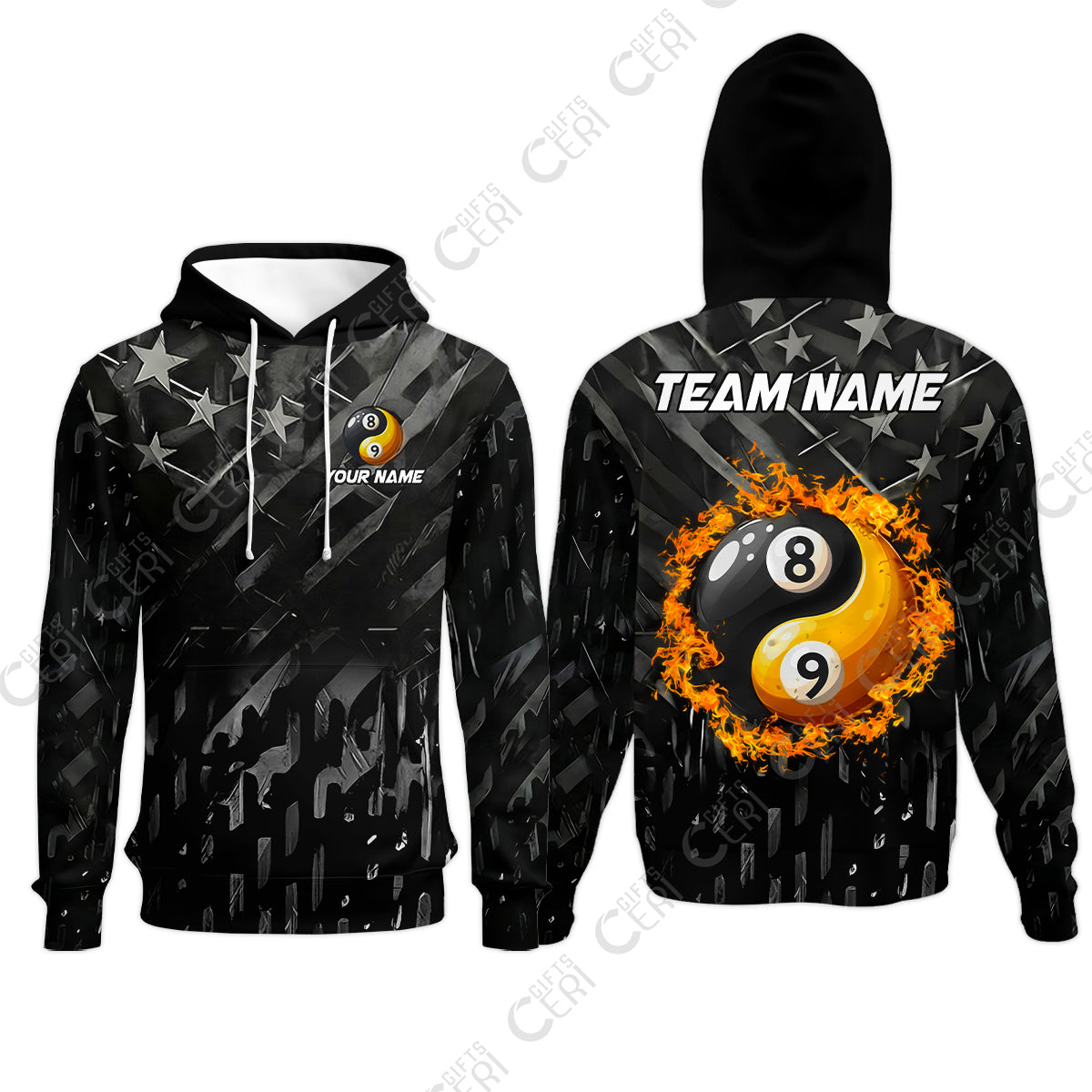 Customized Billiards Hoodies, Black US Flag 8 Ball 9 Ball Ying And Yang Pool Hoodie
