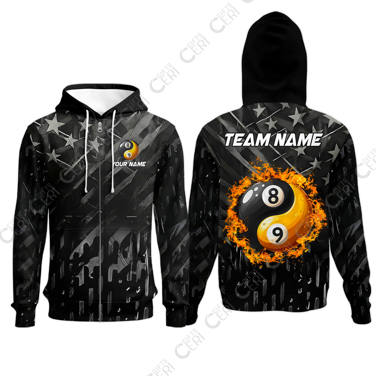 Customized Billiards Zip Hoodies, Black US Flag 8 Ball 9 Ball Ying And Yang Pool Zip Hoodie