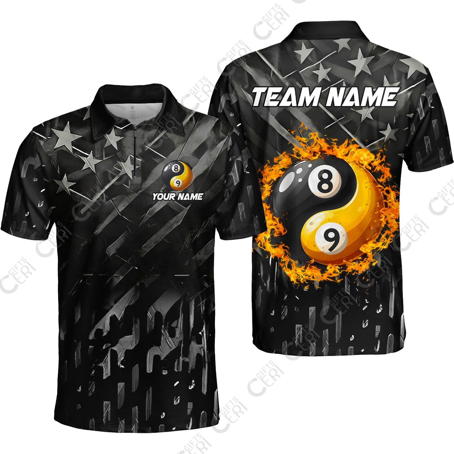 Customized Billiards Unisex Quarter-Zip Polo Shirt, Black US Flag 8 Ball 9 Ball Ying And Yang Pool Jersey