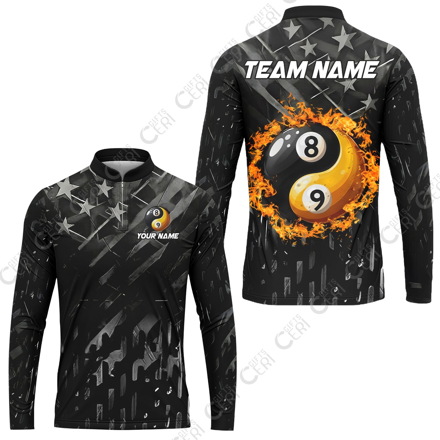 Customized Billiards Stand Collar Quarter Zip Long Sleeve Jersey, Black US Flag 8 Ball 9 Ball Ying And Yang Pool Jersey