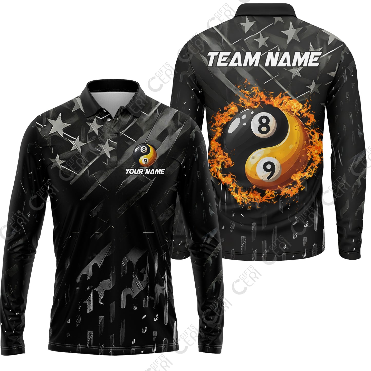 Customized Billiards Long Sleeve Polo Shirt, Black US Flag 8 Ball 9 Ball Ying And Yang Pool Jersey