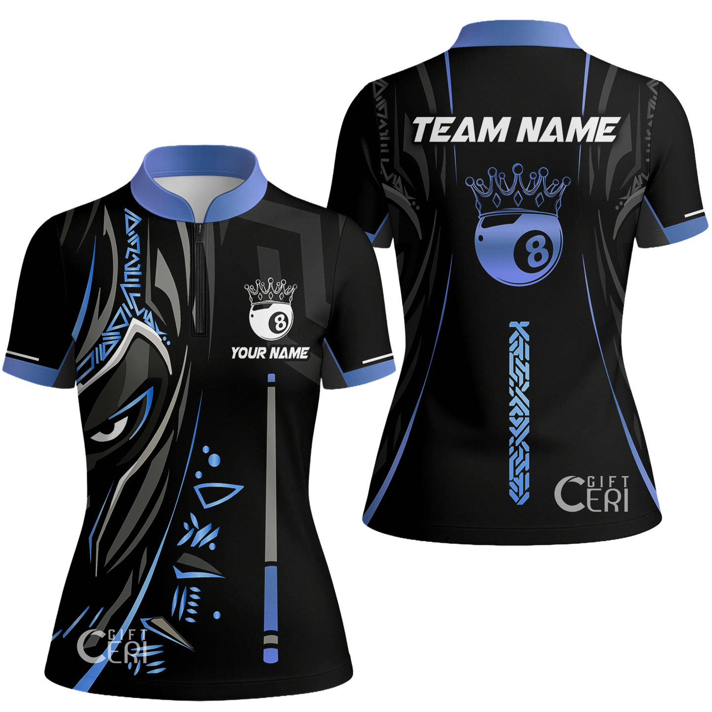 Customized Billiards Stand Collar Quarter Zip Short Sleeve Women's Shirt, Black Panther With Cue 8 Ball Pool Jersey