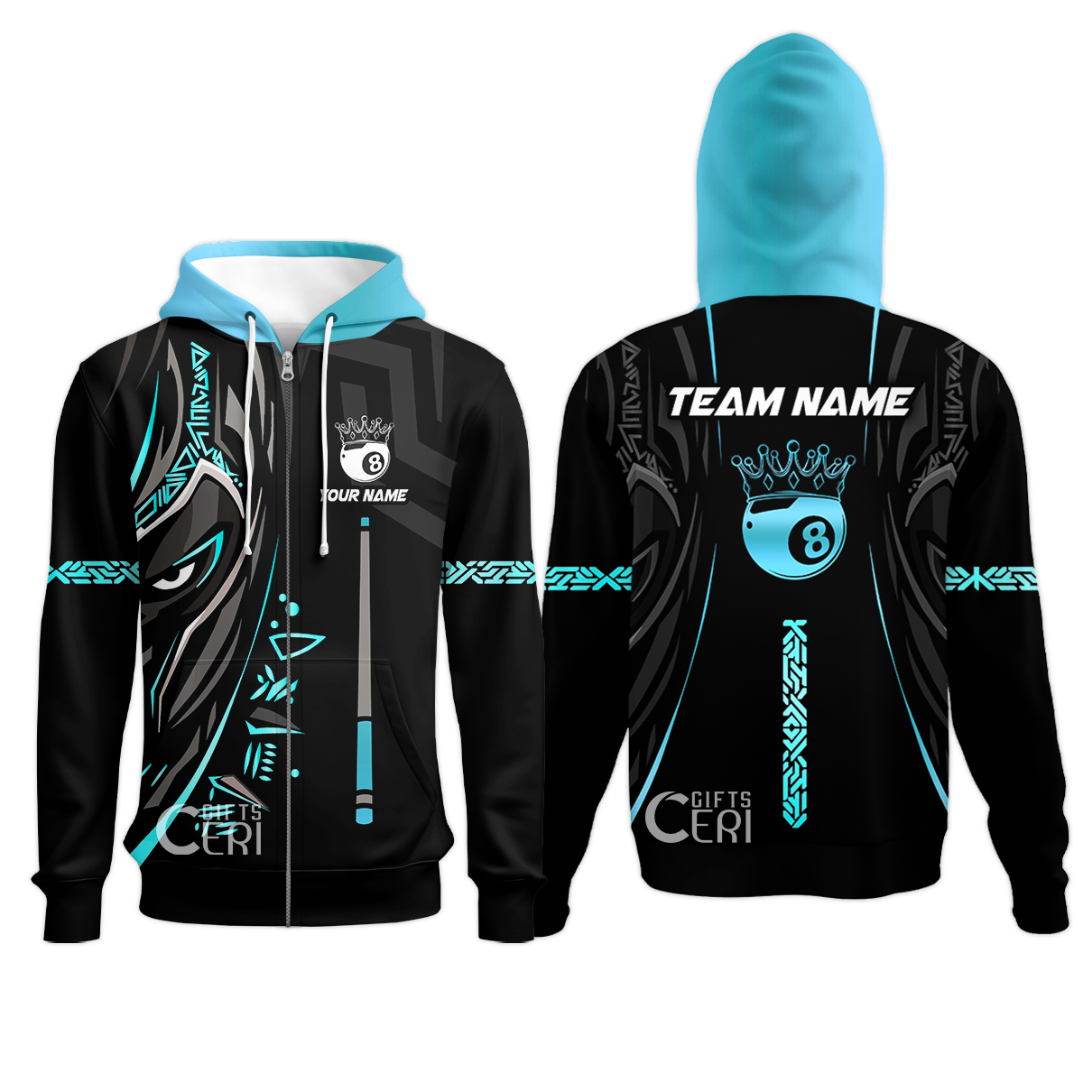 Customized Billiards Zip Hoodies, Black Panther With Snooker Cue and 8 Ball Crown, 8 Ball Pool Jersey