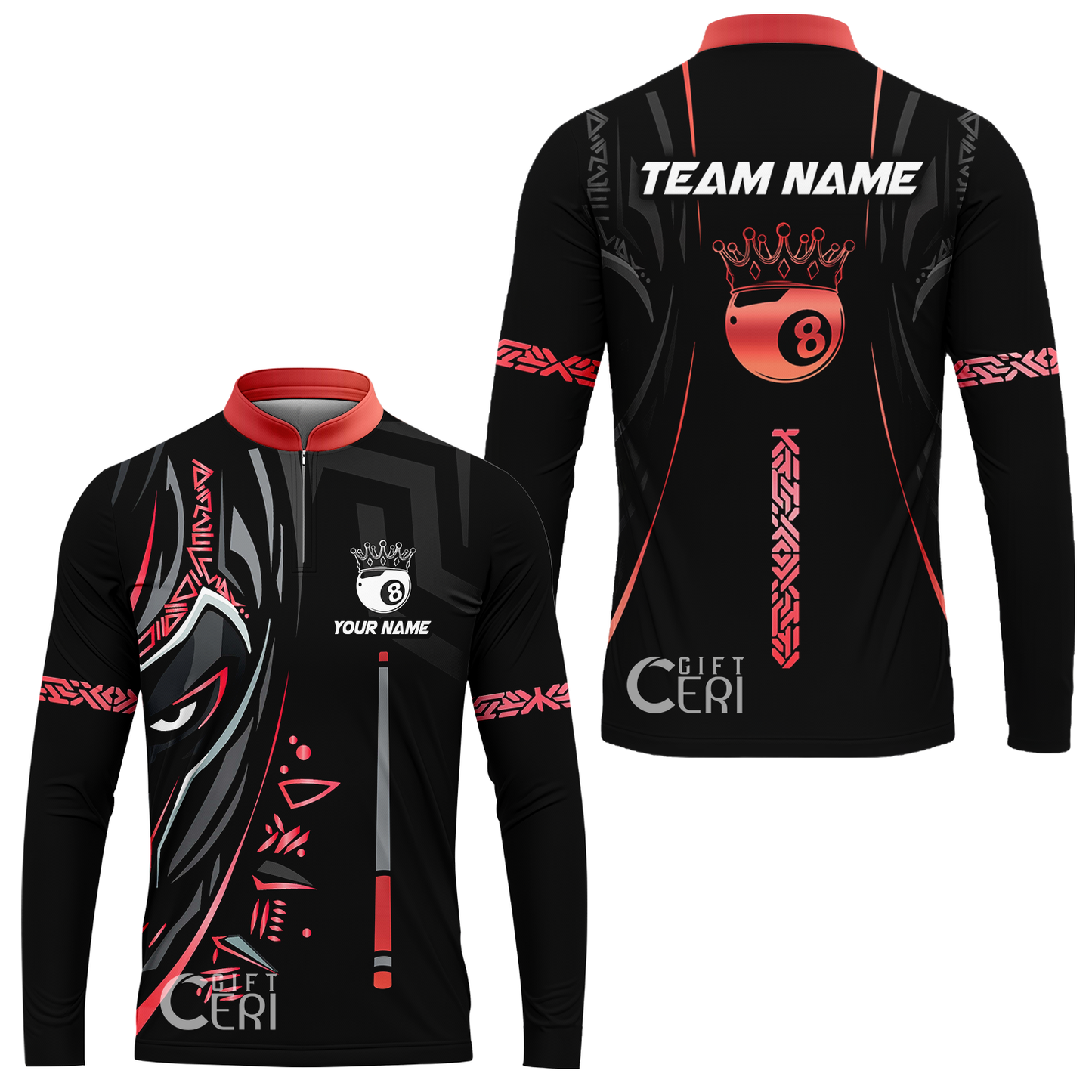 Customized Billiards Stand Collar Quarter-Zip Long Sleeve Jersey, Black Panther With Snooker Cue 8 Ball Pool Jersey