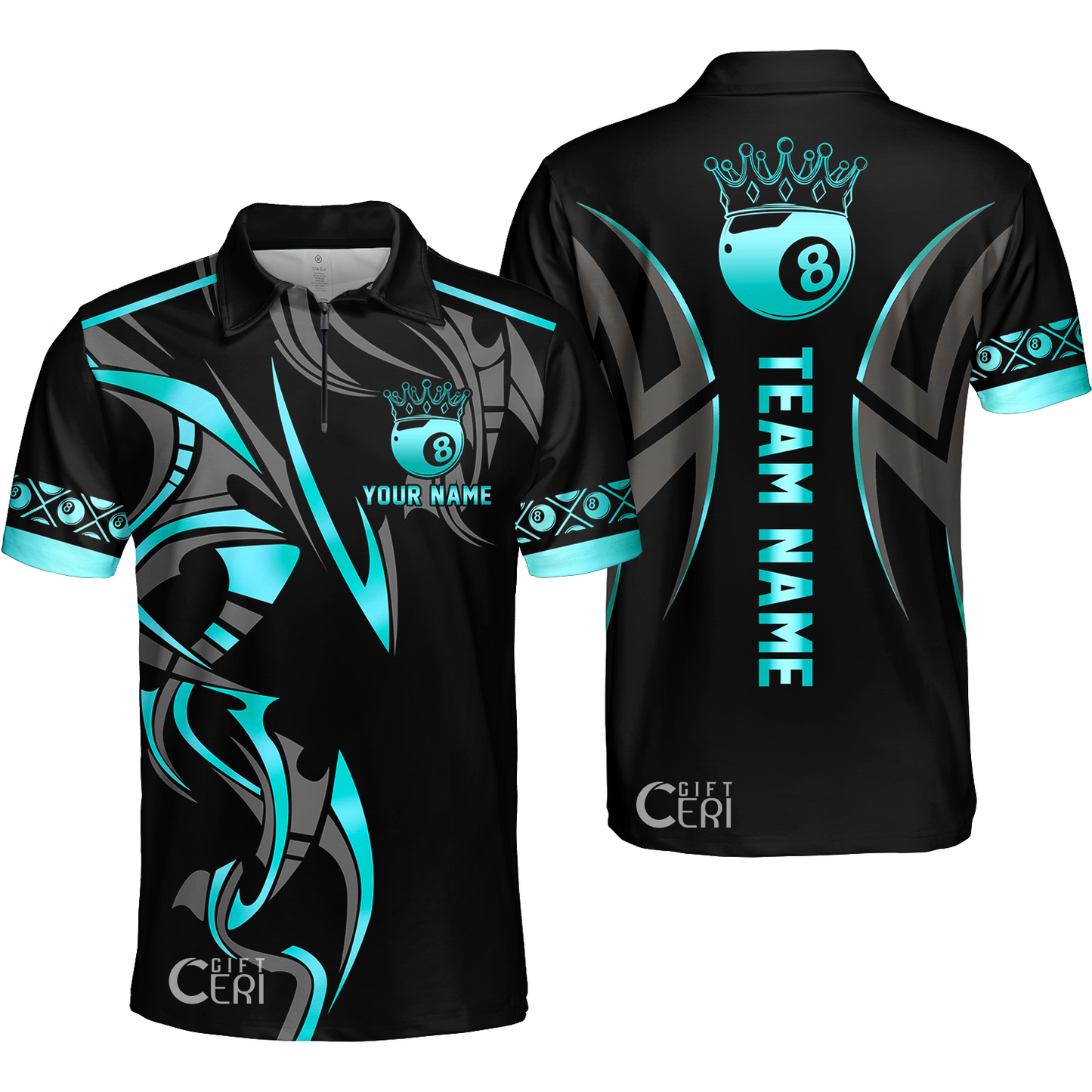 Customized Billiards Quarter-Zip Polo Shirt, Crown 8 Ball Esport, 8 Ball Jersey