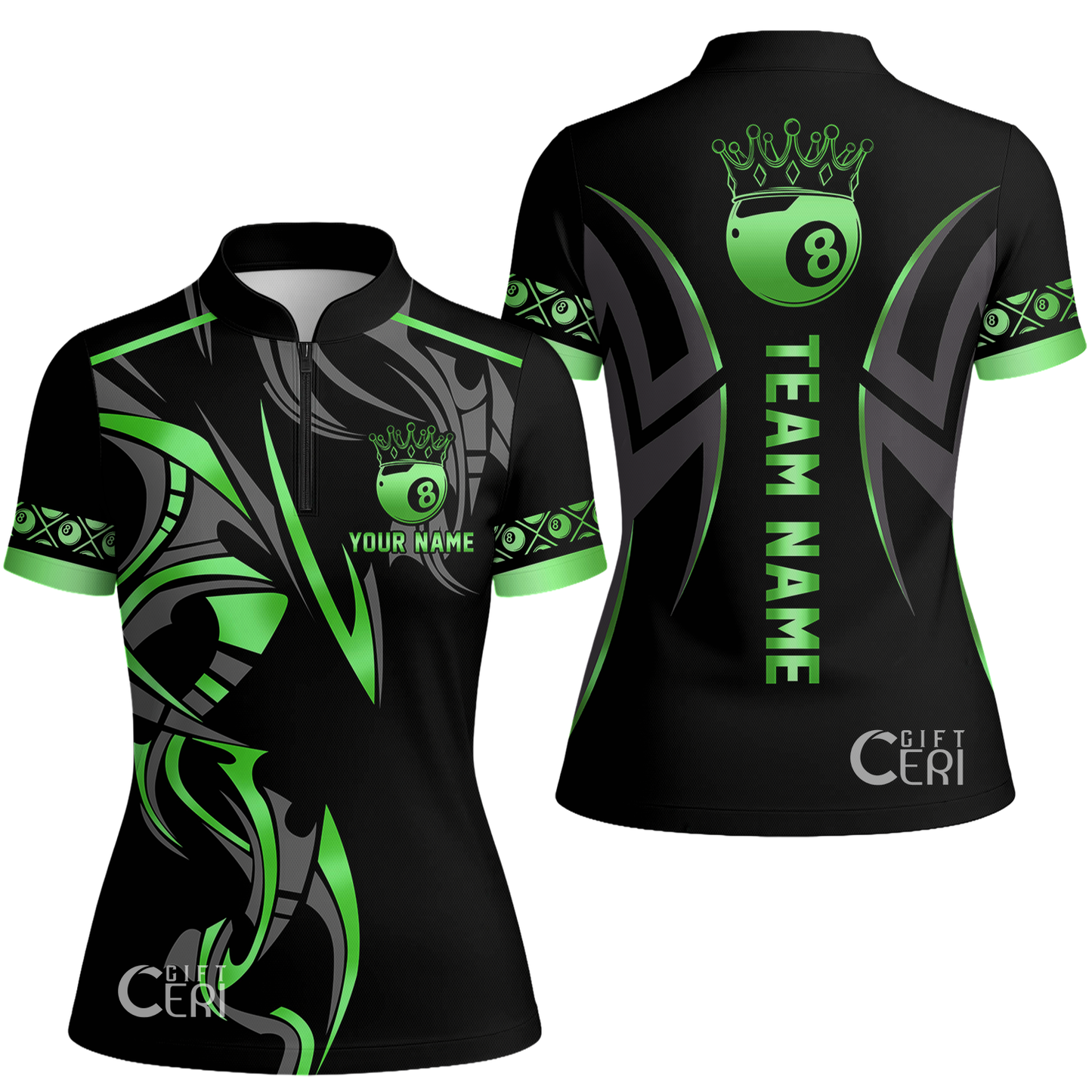 Customized Billiards Stand Collar Quarter Zip Short Sleeve Women's Shirt, Crown 8 Ball Esport, 8 Ball Jersey