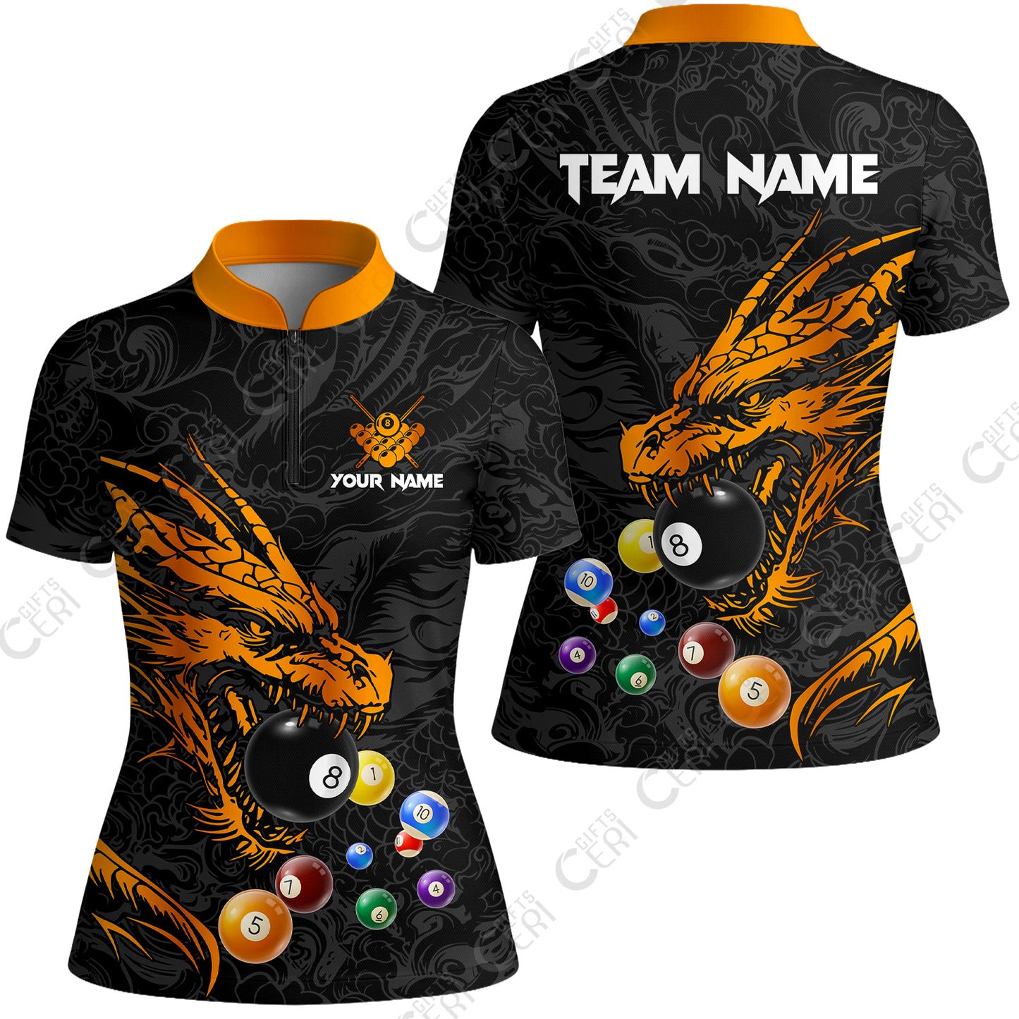 Customized Billiards Stand Collar Quarter Zip Short Sleeve Women's Shirt, Dragon Billiard, 8 Ball Jersey