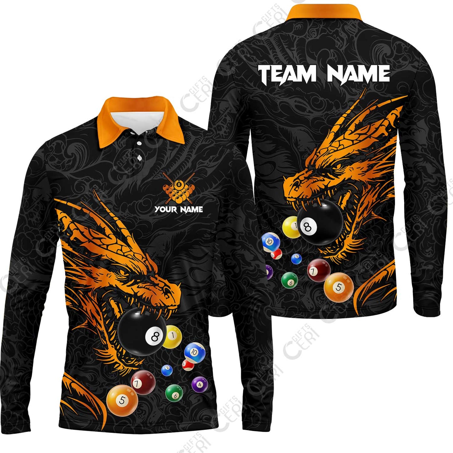 Customized Billiards Long Sleeve Polo Shirt, Dragon Billiard, 8 Ball Jersey