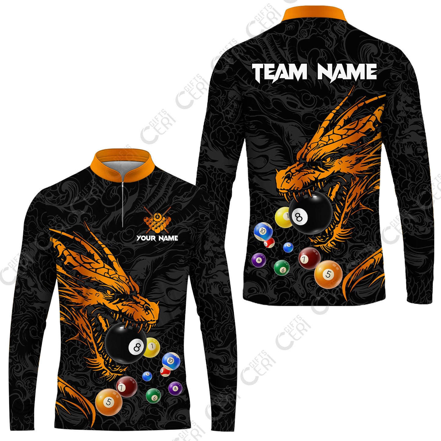 Customized Billiards Stand Collar Quarter-Zip Long Sleeve Jersey, Dragon Billiard, 8 Ball Jersey