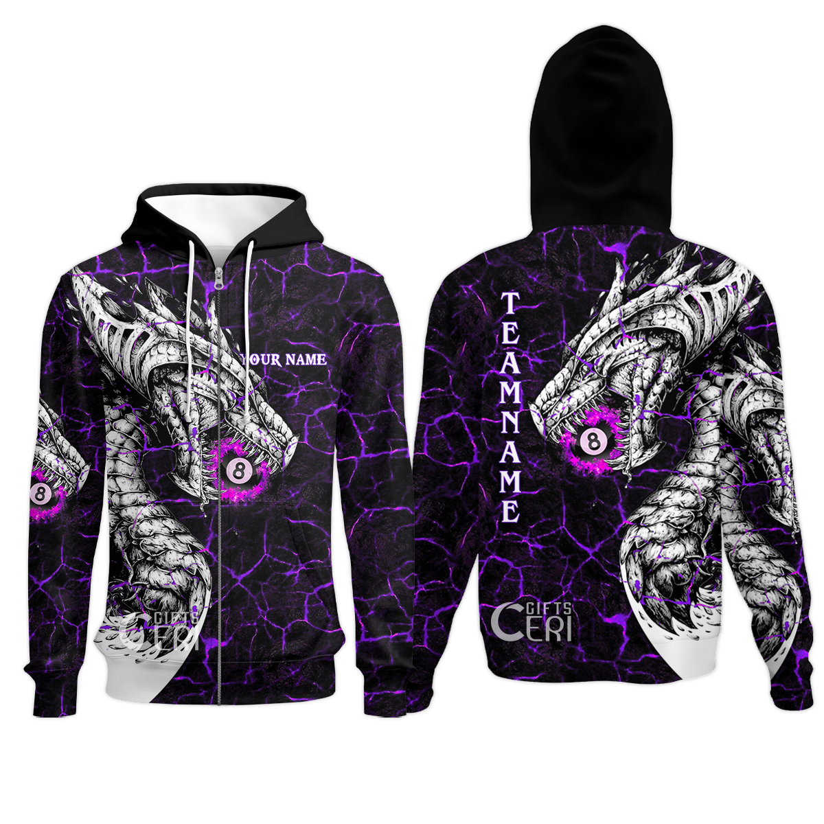 Customized Billiards Zip Hoodies, Magma Pattern And Dragon 8 Ball Jersey