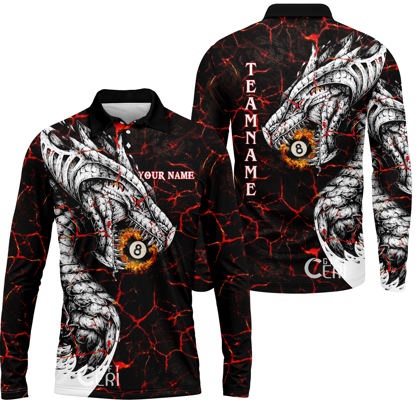 Customized Billiards Long Sleeve Polo Shirt, Magma Pattern And Dragon 8 Ball Jersey