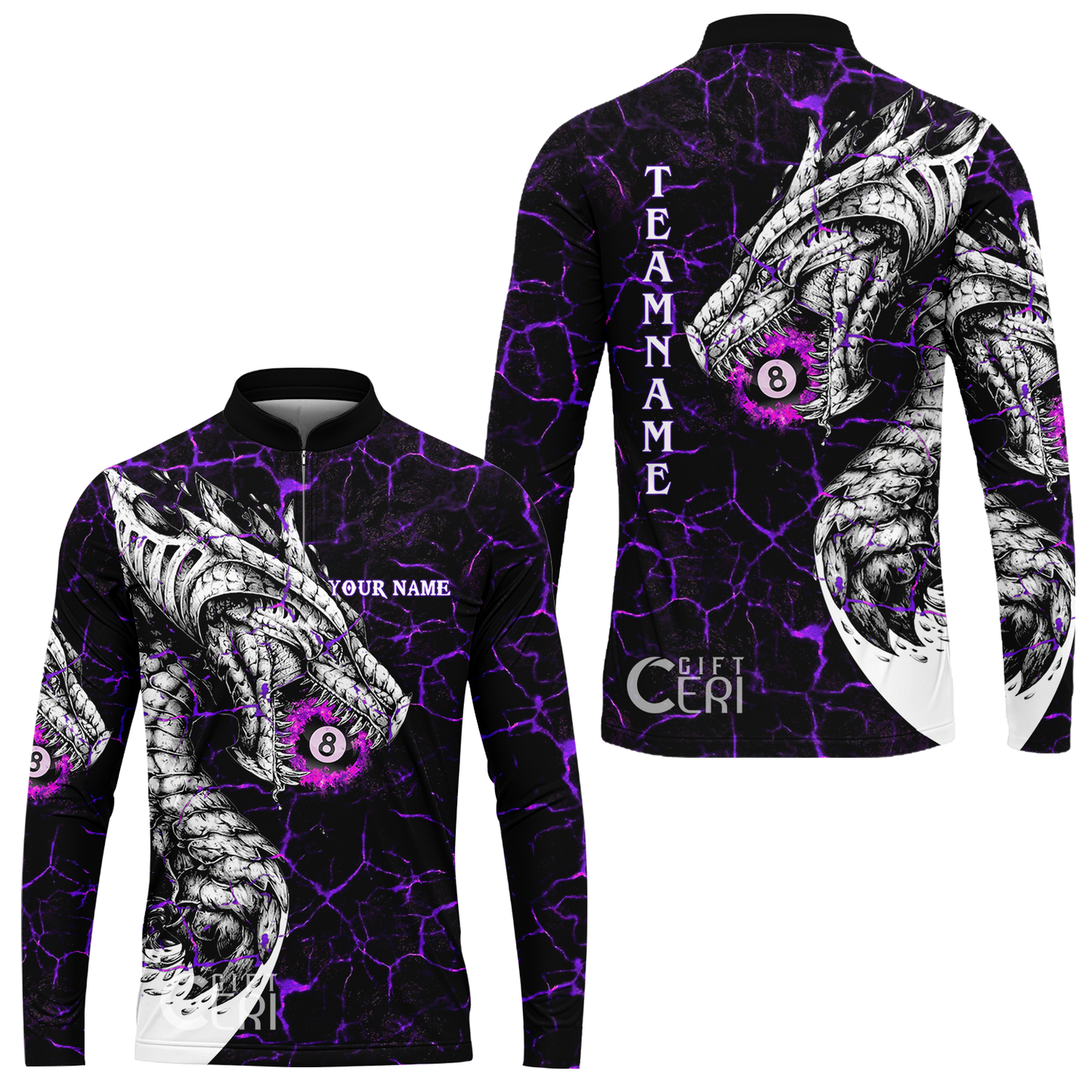 Customized Billiards Stand Collar Quarter-Zip Long Sleeve Jersey, Magma Pattern And Dragon 8 Ball Jersey