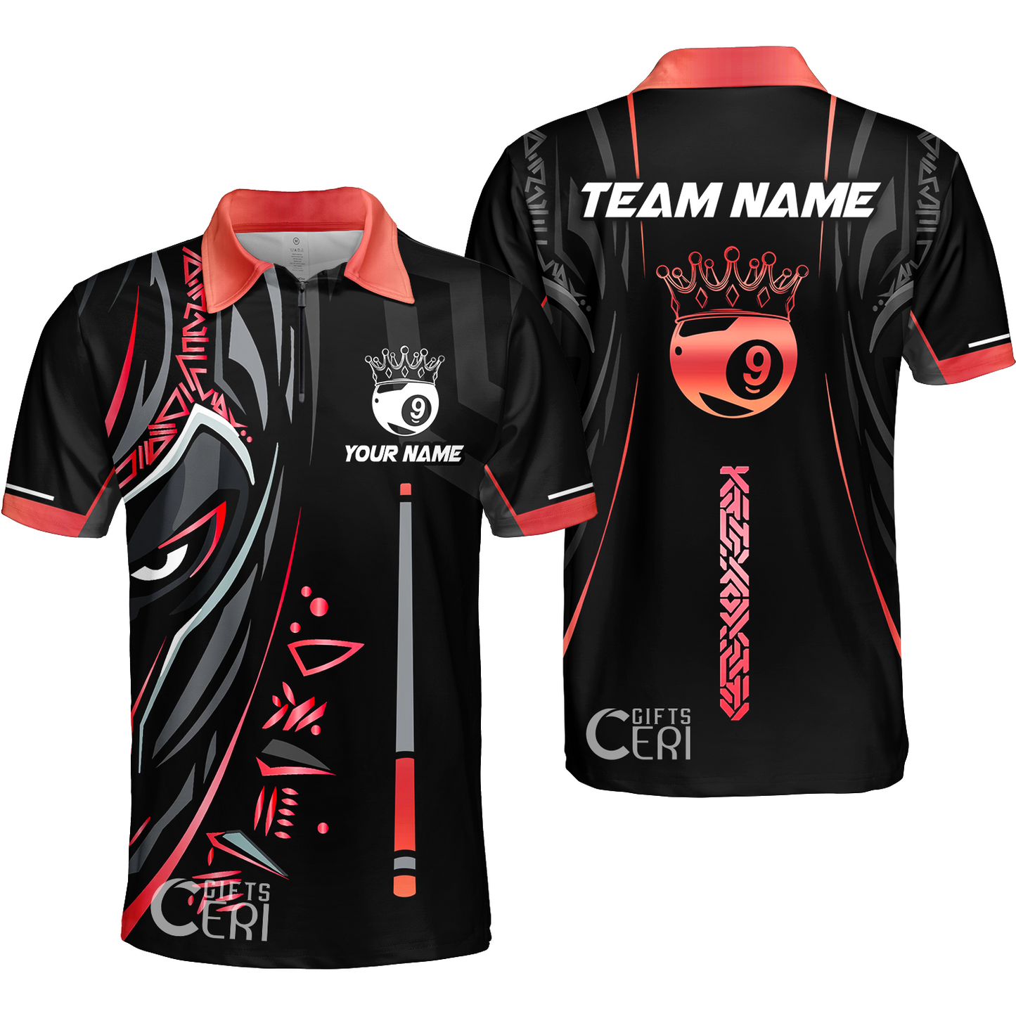 Customized Billiards Quarter-Zip Polo Shirt, Black Panther With Snooker Cue and Crown 9 Ball Pool Jersey