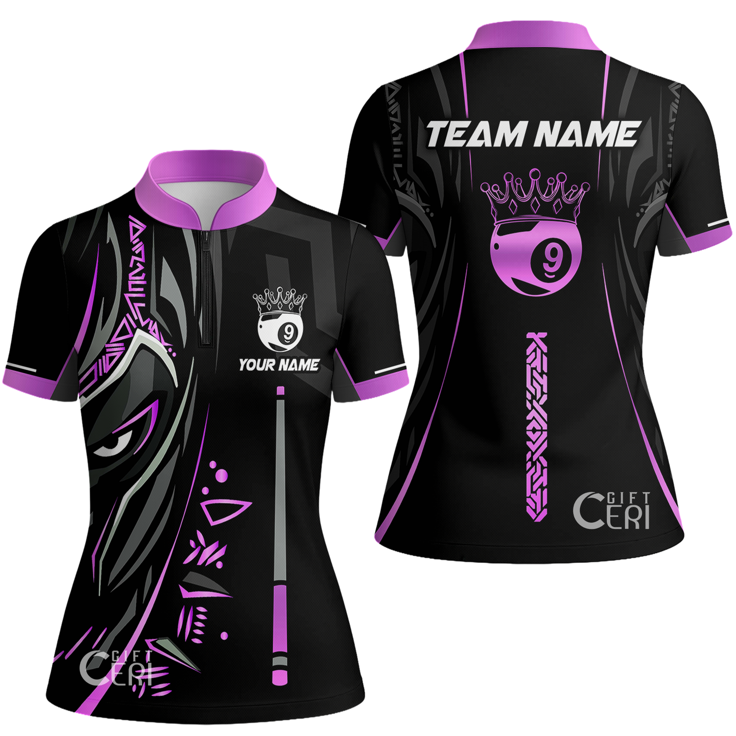 Customized Billiards Stand Collar Quarter Zip Short Sleeve Women's Shirt, Black Panther With Snooker Cue and Crown 9 Ball Pool Jersey