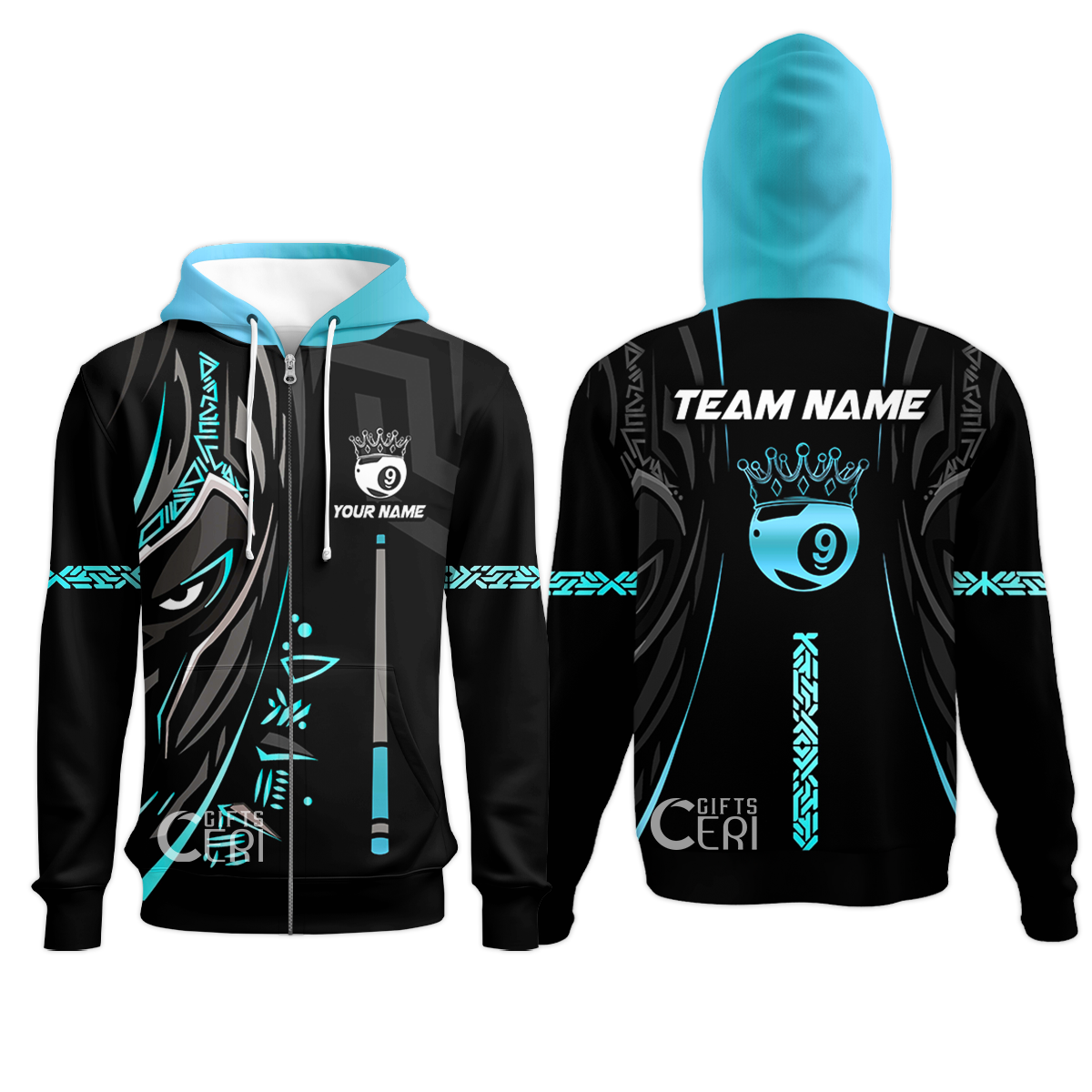 Customized Billiards Zip Hoodies, Black Panther With Snooker Cue and Crown 9 Ball Pool Jersey