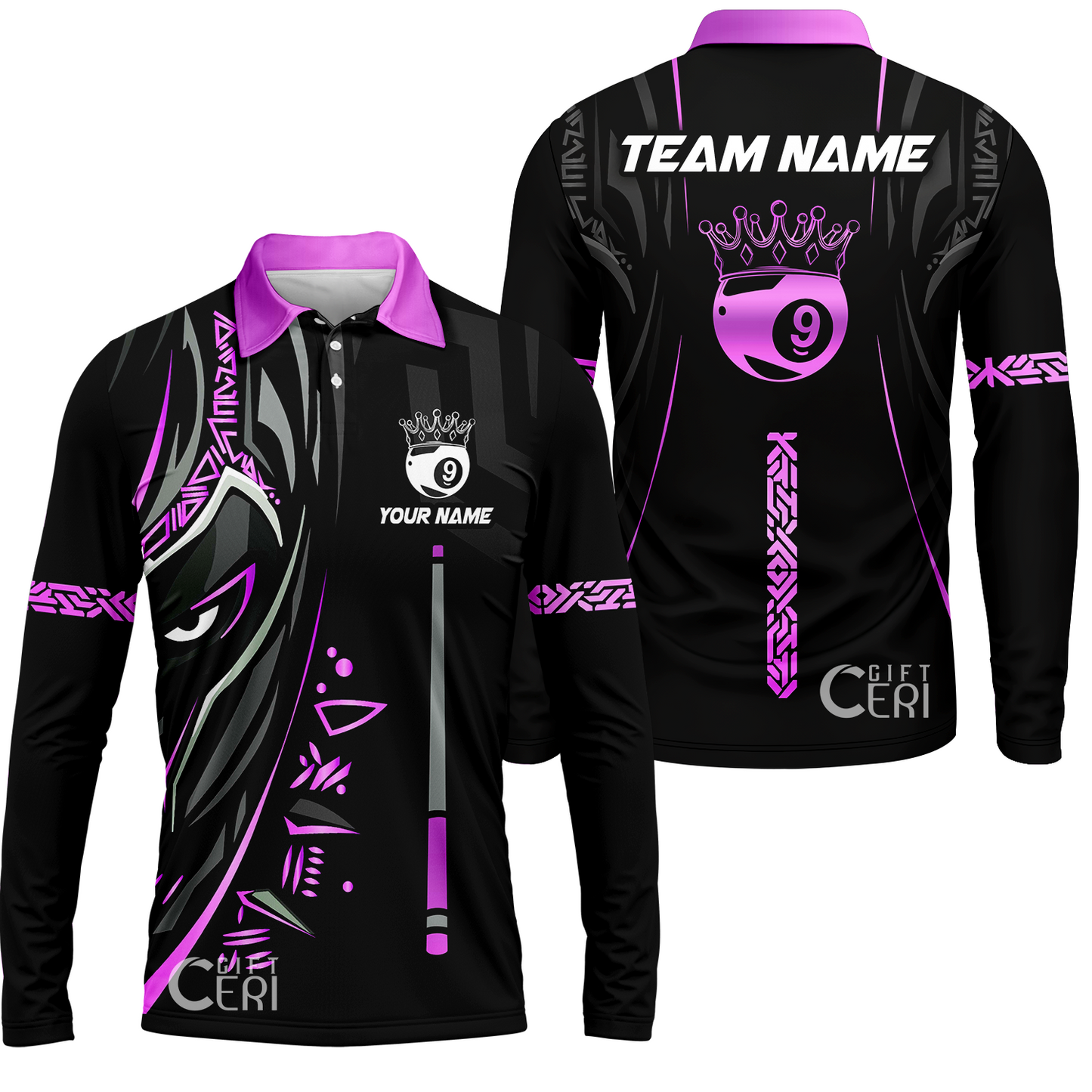 Customized Billiards Long Sleeve Polo Shirt, Black Panther With Snooker Cue and Crown 9 Ball Pool Jersey