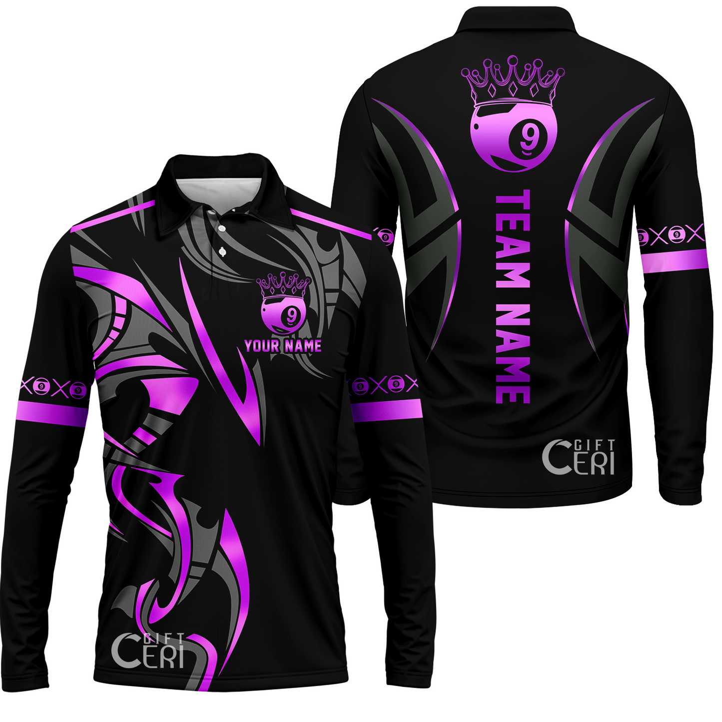 Customized Billiards Long Sleeve Polo Shirt, Crown 9 Ball Esport Jersey