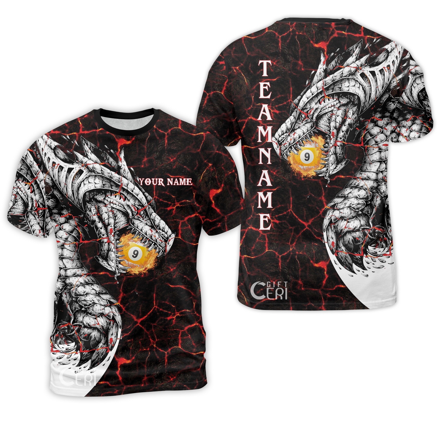 Customized Billiards T-Shirt, Magma Pattern And Dragon 9 Ball Jersey