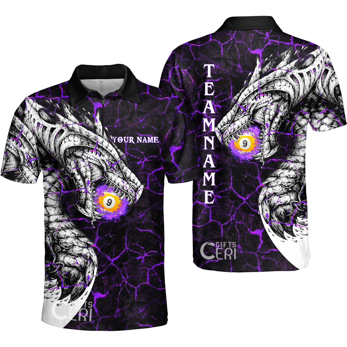 Customized Billiards Quarter-Zip Polo Shirt, Magma Pattern And Dragon 9 Ball Jersey