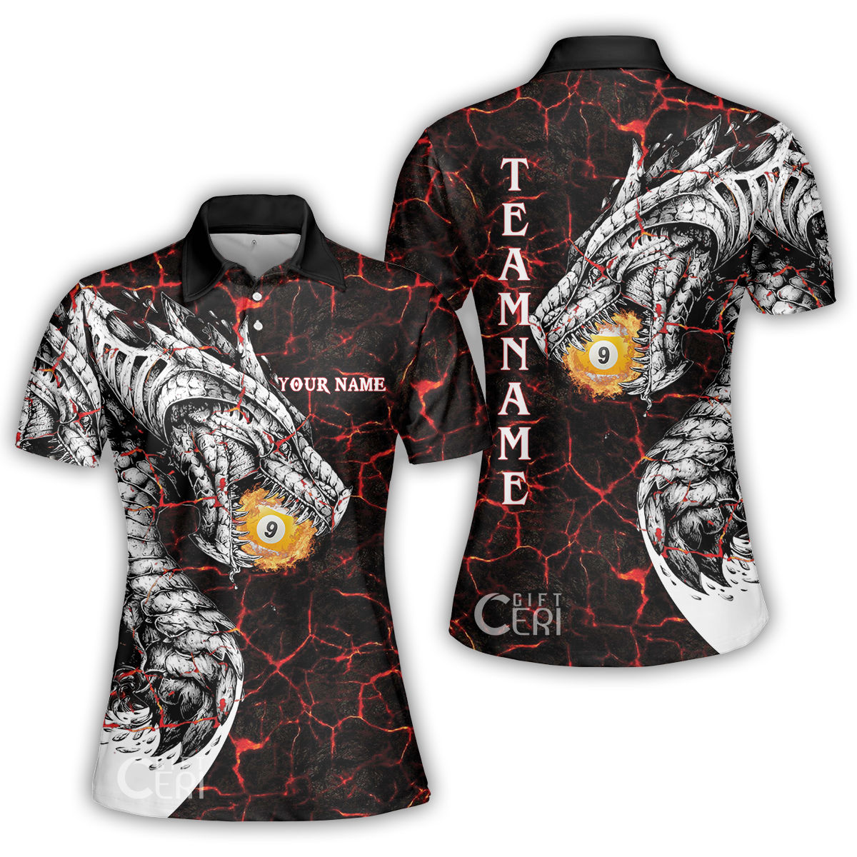 Customized Billiards Women Polo Shirt, Magma Pattern And Dragon 9 Ball Jersey