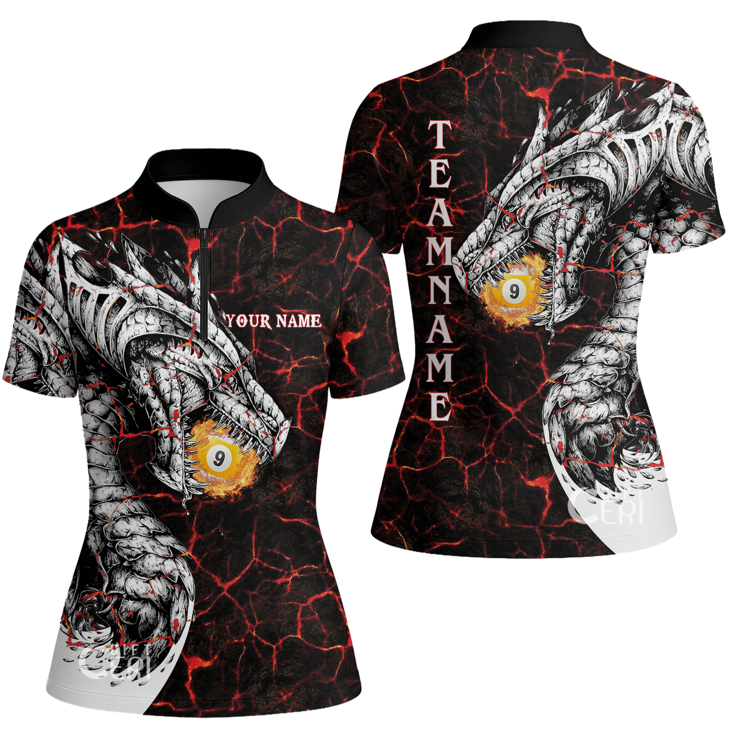 Customized Billiards Stand Collar Quarter Zip Short Sleeve Women's Shirt, Magma Pattern And Dragon 9 Ball Jersey