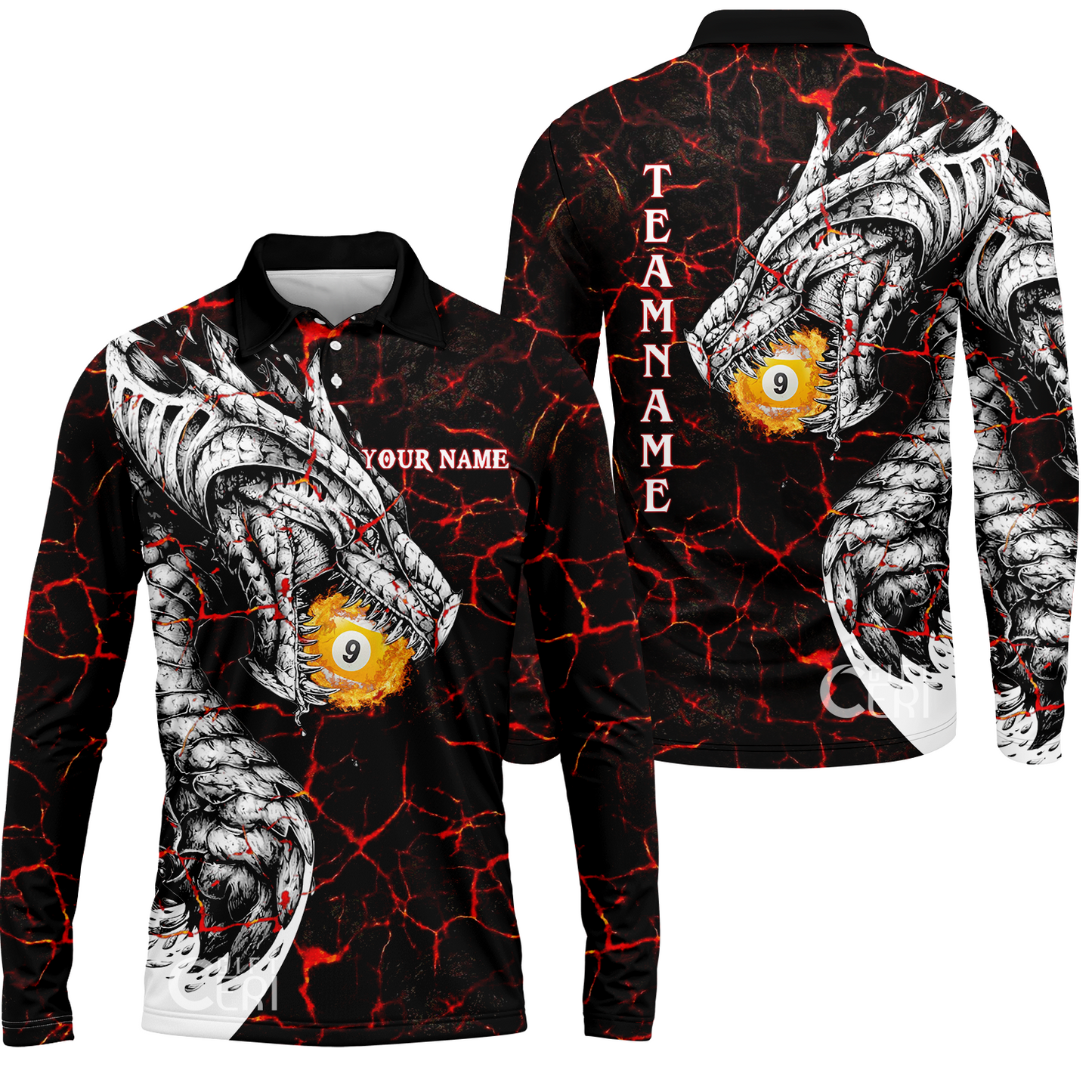 Customized Billiards Long Sleeve Polo Shirt, Magma Pattern And Dragon 9 Ball Jersey