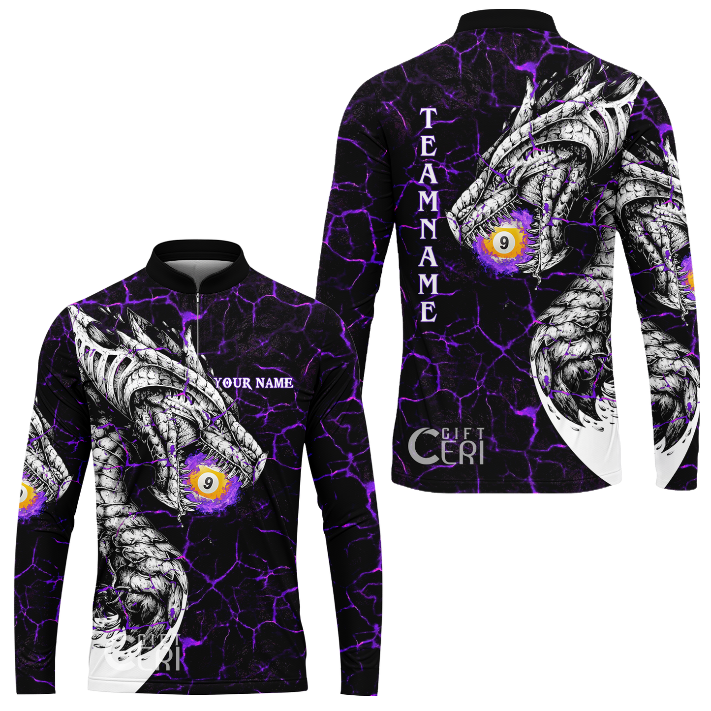 Customized Billiards Stand Collar Quarter-Zip Long Sleeve Jersey, Magma Pattern And Dragon 9 Ball Jersey