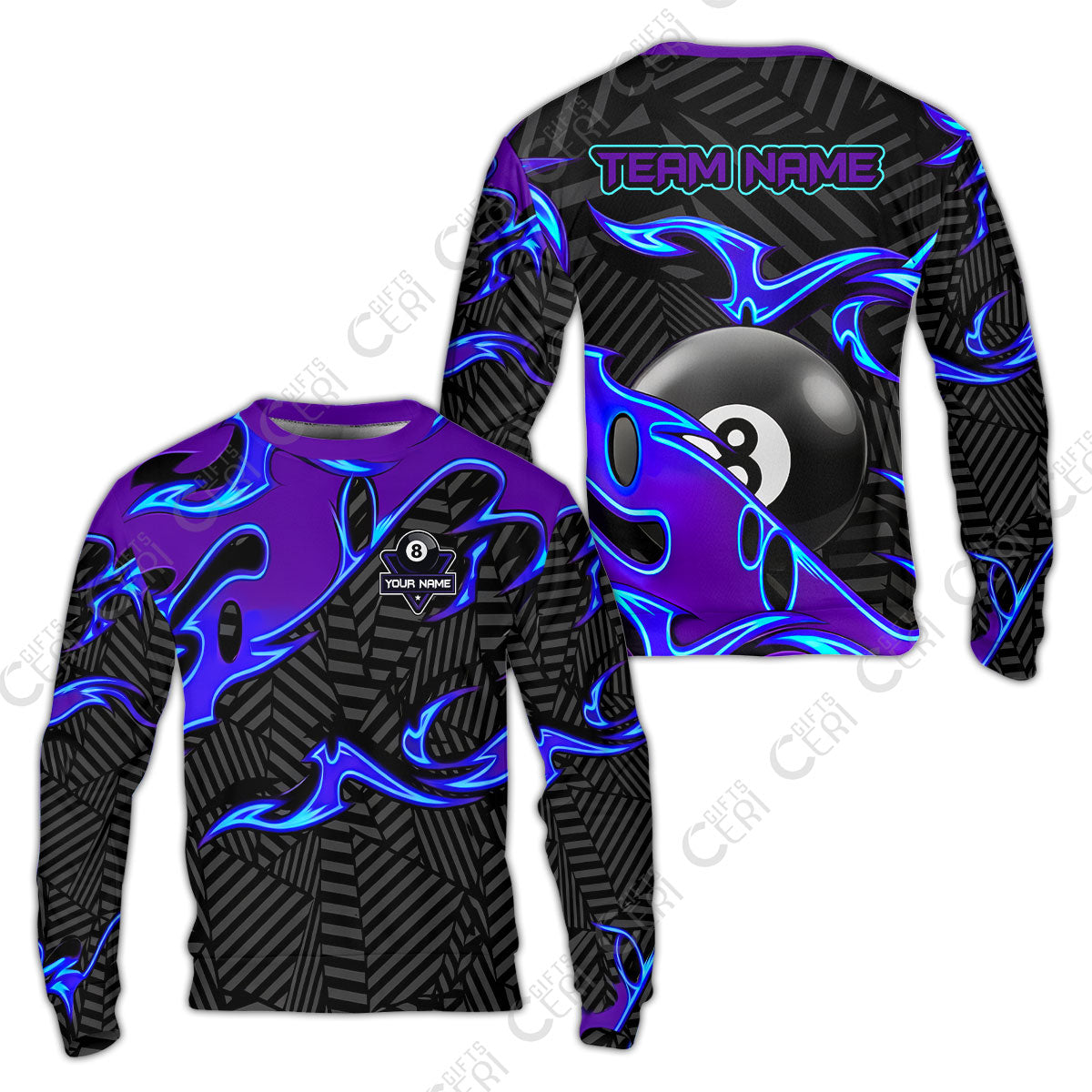 Customized Billiards Sweatshirt, Blue Fire 8 Ball Jersey