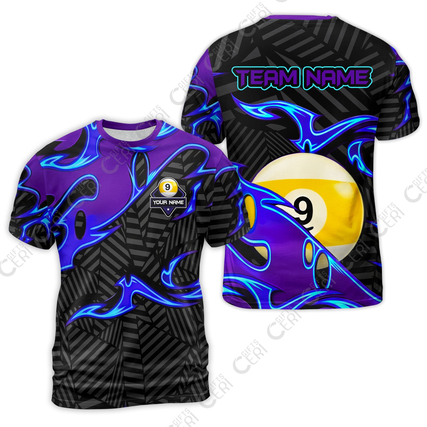 Customized Billiards T-Shirt, Blue Fire 9 Ball Jersey