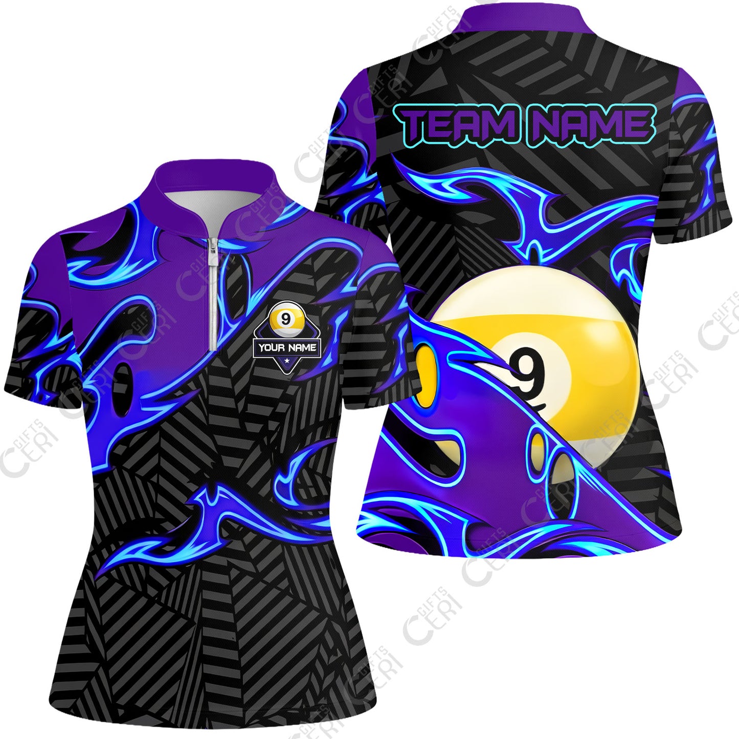 Customized Billiards Stand Collar Quarter Zip Short Sleeve Women's Shirt, Blue Fire 9 Ball Jersey