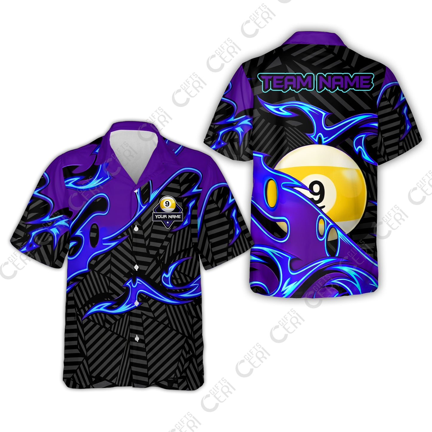 Customized Billiards Hawaiian Shirt, Blue Fire 9 Ball Jersey