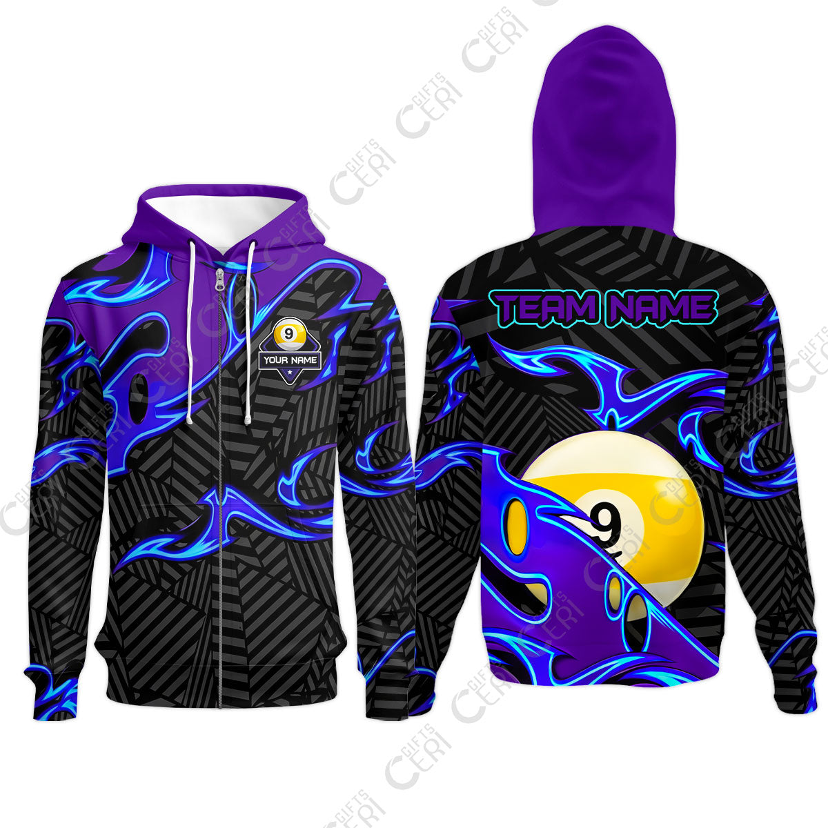 Customized Billiards Zip Hoodies, Blue Fire 9 Ball Jersey