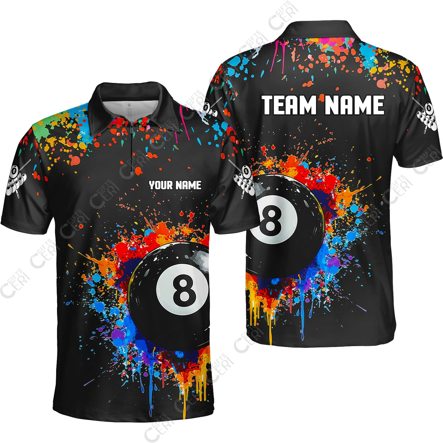 Customized Billiards Quarter-Zip Polo Shirt, Colorful Painting Splatter 8 Ball Jersey