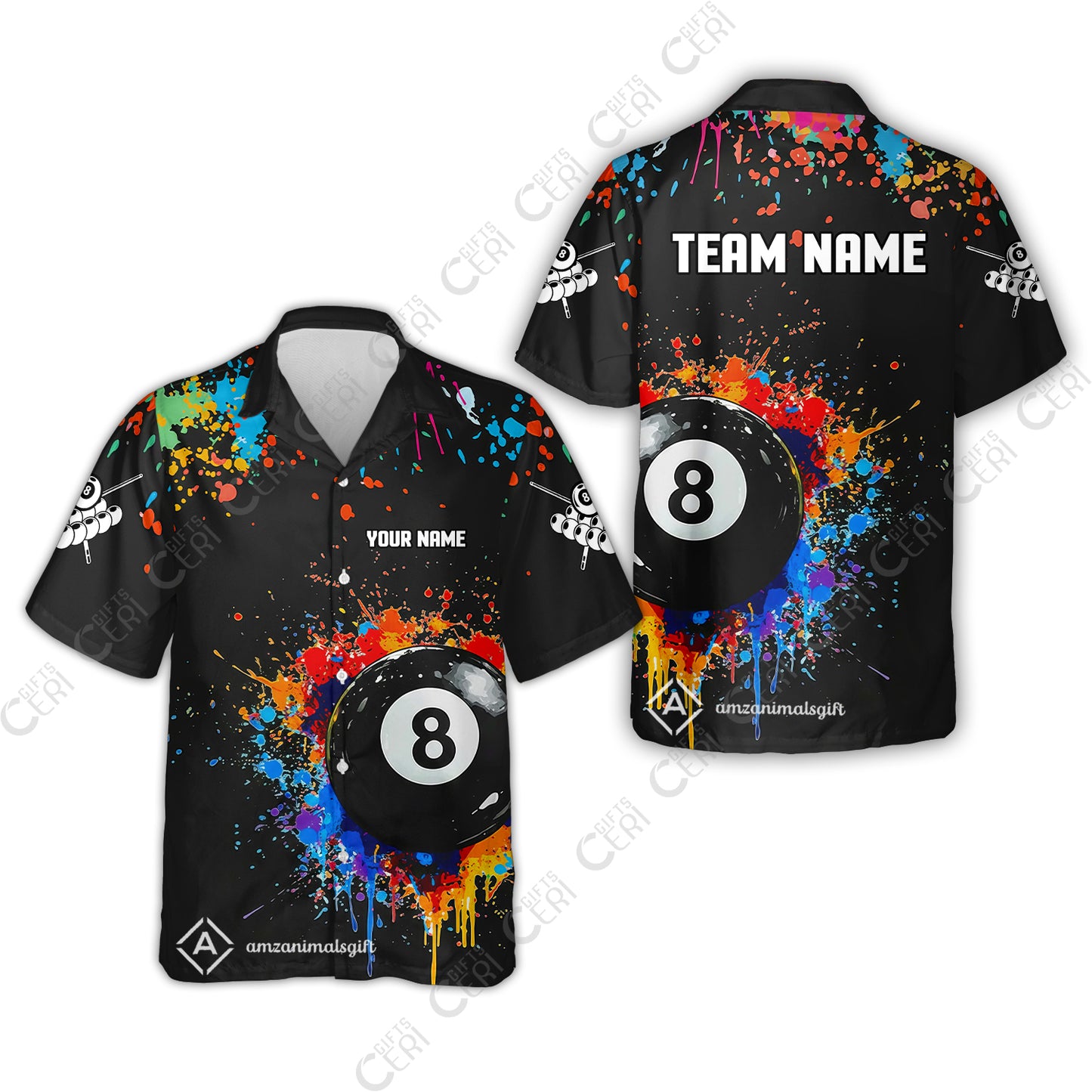 Customized Billiards Hawaiian Shirt, Colorful Painting Splatter 8 Ball Jersey