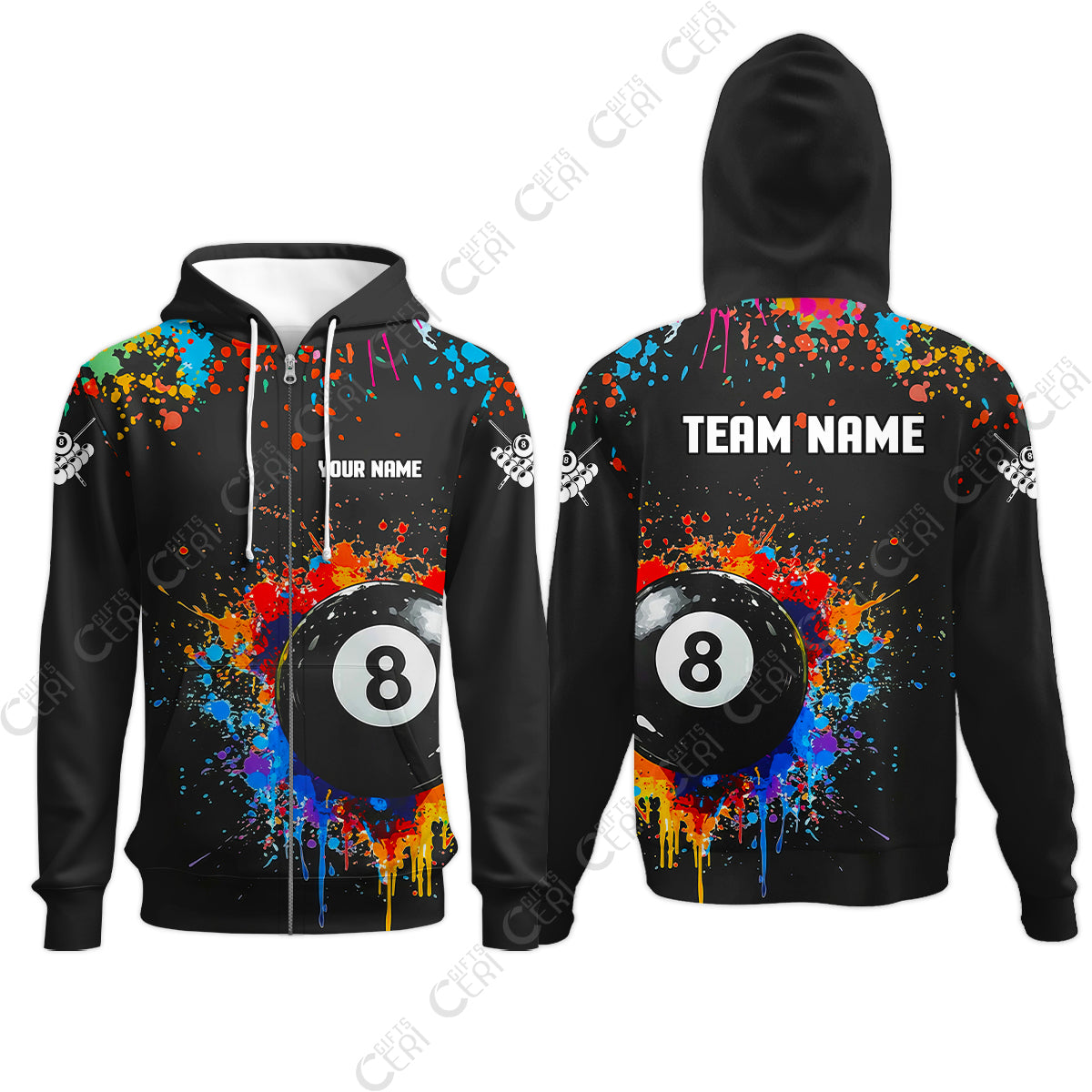 Customized Billiards Zip Hoodies, Colorful Painting Splatter 8 Ball Jersey