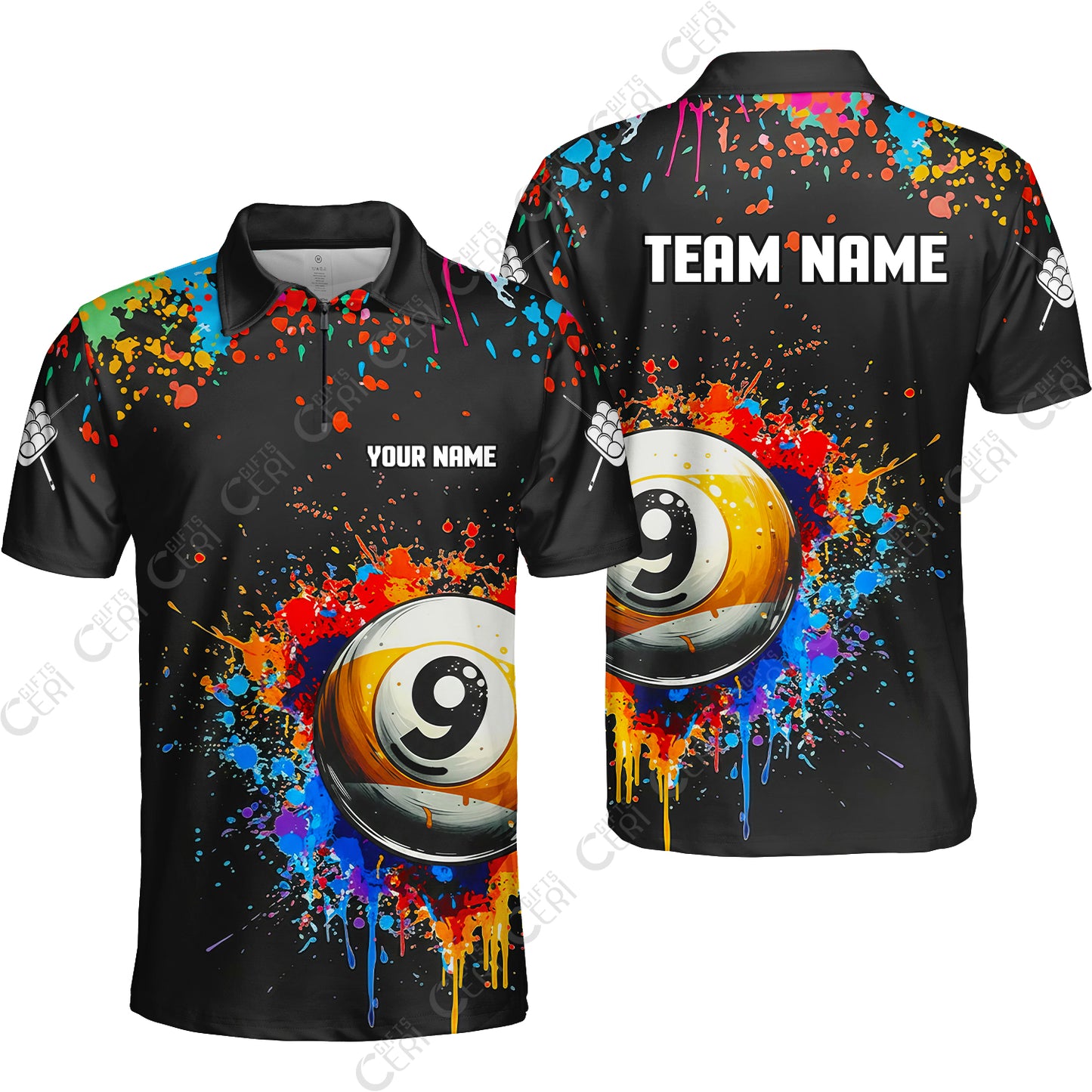 Customized Billiards Quarter-Zip Polo Shirt, Colorful Painting Splatter 9 Ball Personalized Jersey Gift For Billiard Players