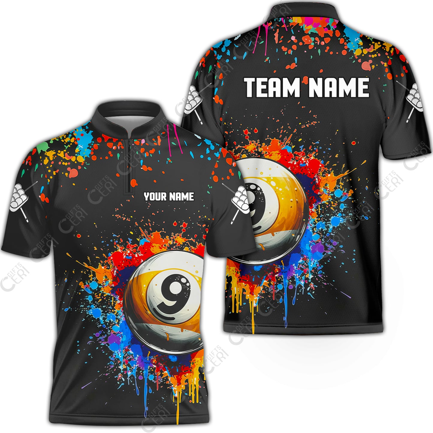 Customized Billiards Stand Collar Quarter-Zip Short Sleeve Jersey, Colorful Painting Splatter 9 Ball Personalized Jersey