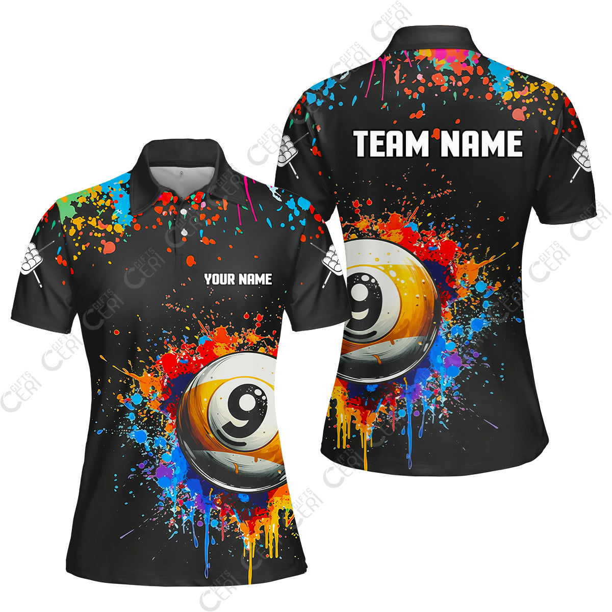 Customized Billiards Women Polo Shirt, Colorful Painting Splatter 9 Ball Personalized Jersey Gift For Billiard Players
