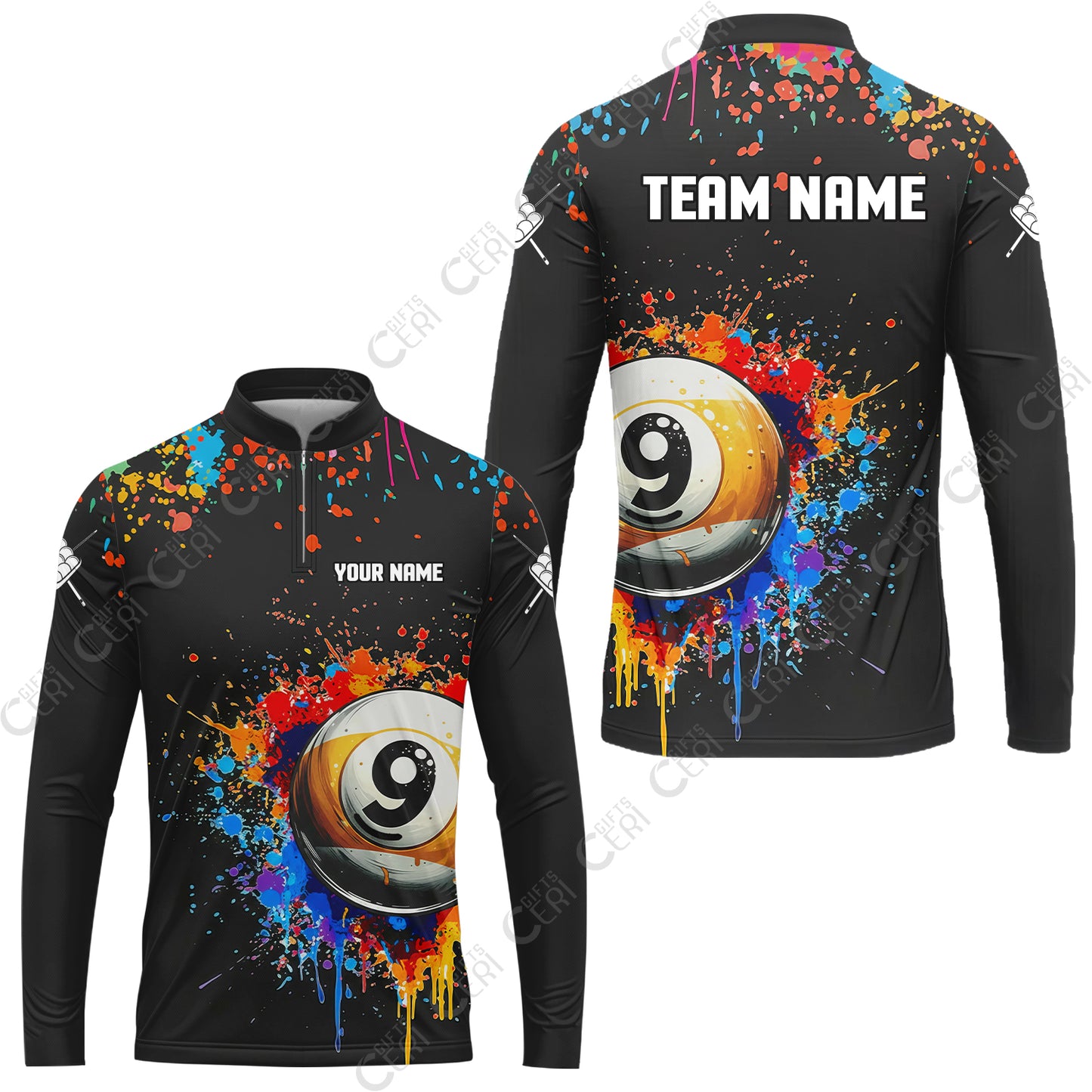 Customized Billiards Stand Collar Quarter-Zip Long Sleeve Jersey, Colorful Painting Splatter 9 Ball Personalized Jersey