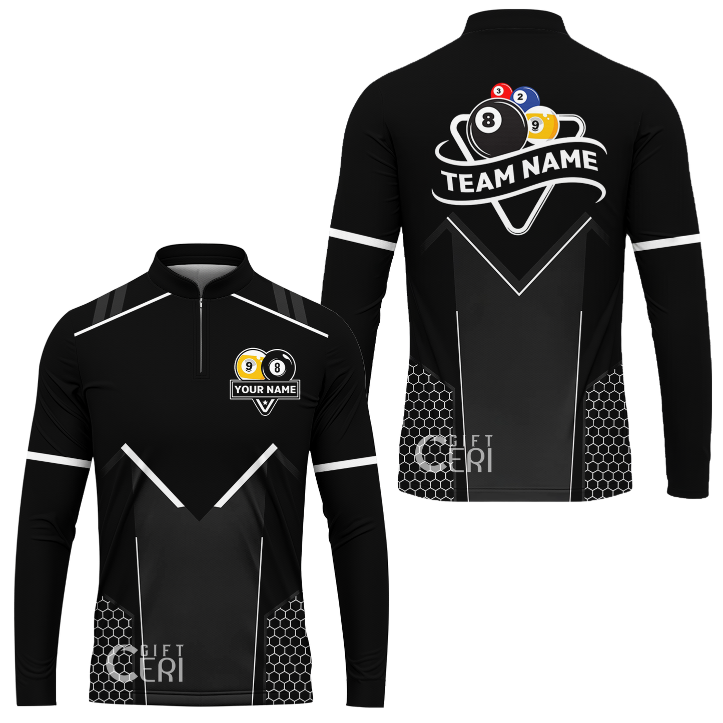 Customized Billiards Stand Collar Quarter-Zip Long Sleeve Jersey, Billiards Esports 9 Ball 8 Ball Personalized Jersey