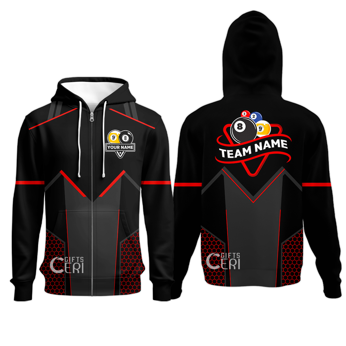 Customized Billiards Zip Hoodies, Billiards Esports 9 Ball 8 Ball Personalized Jersey Gift For Billiard Players