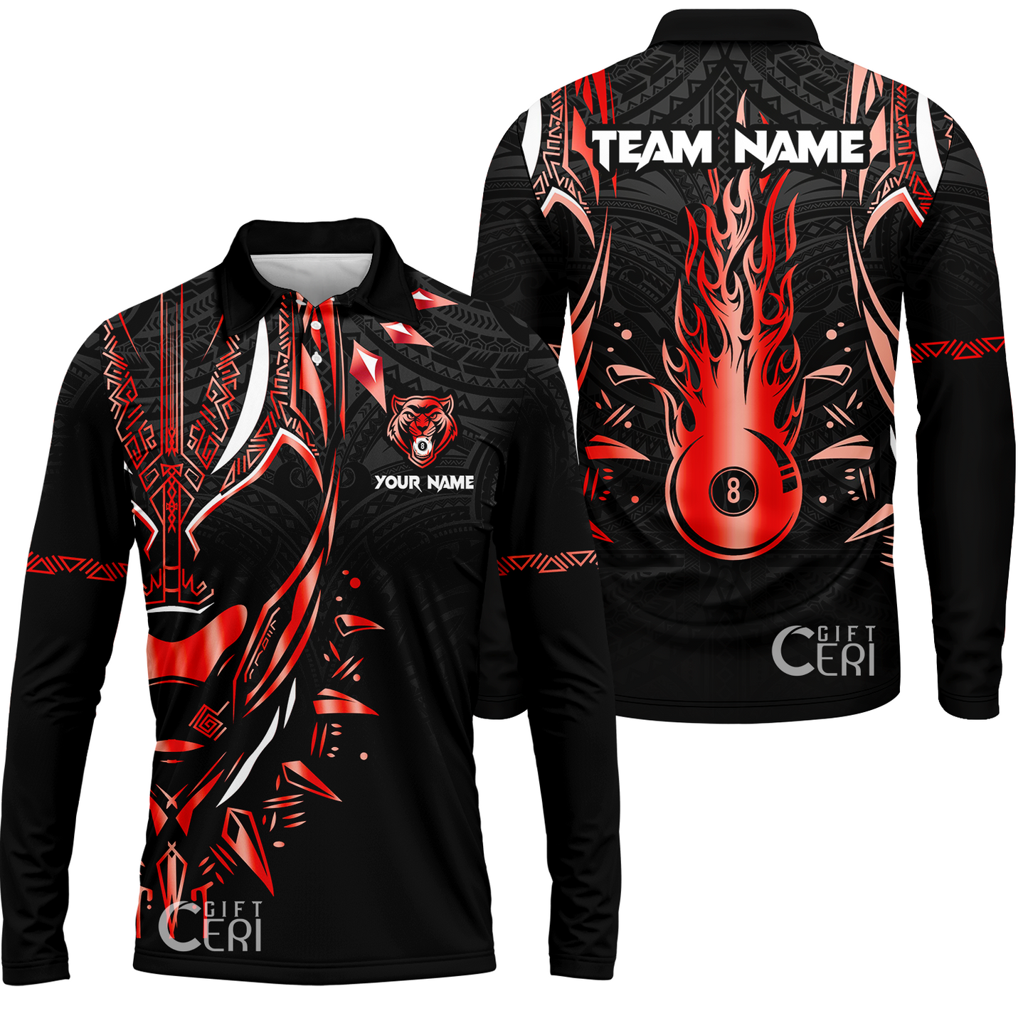 Customized Billiards Long Sleeve Polo Shirt, Panther Forever Flaming 8 Ball Personalized Jersey Gift For Billiard Players