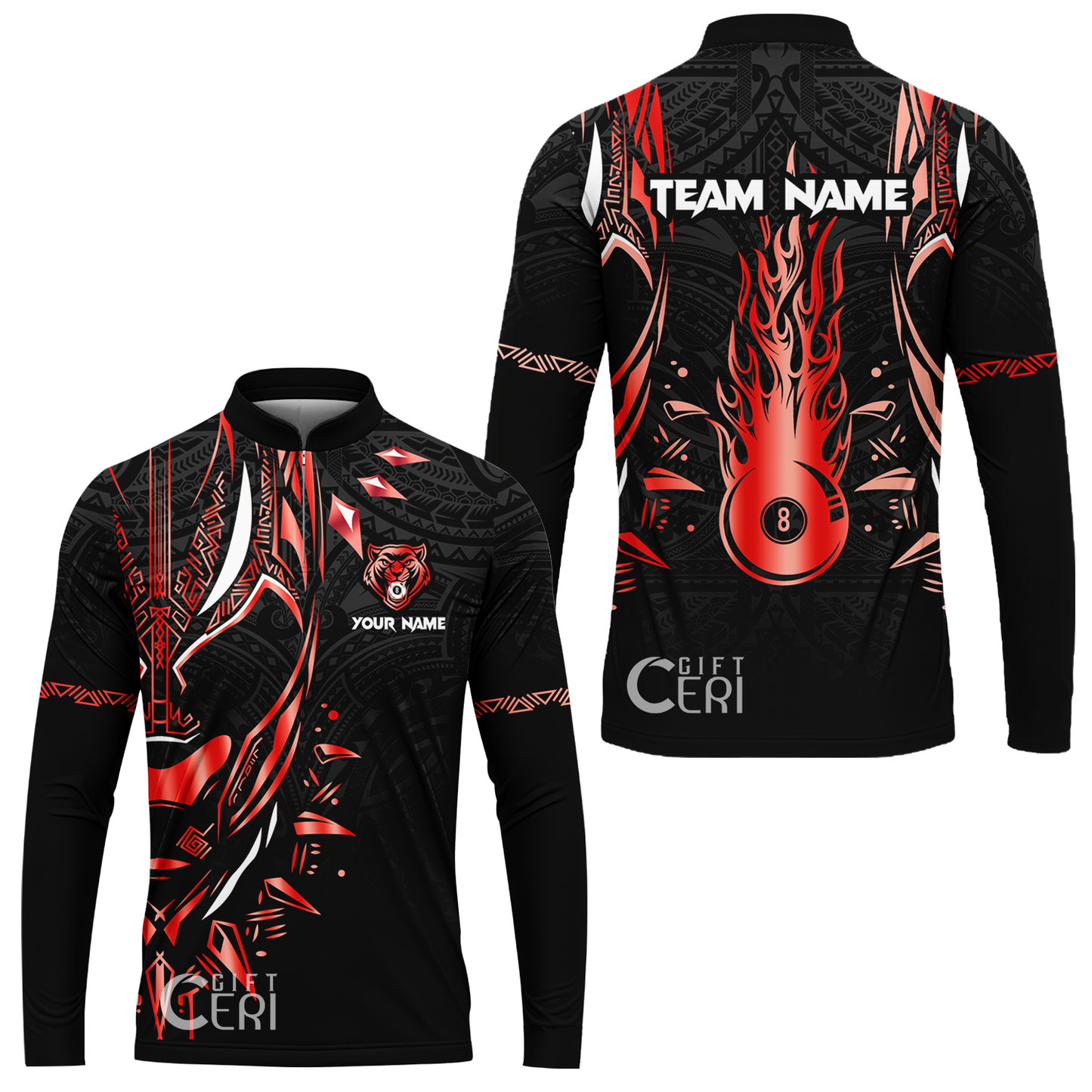 Customized Billiards Stand Collar Quarter-Zip Long Sleeve Jersey, Panther Forever Flaming 8 Ball Personalized Jersey