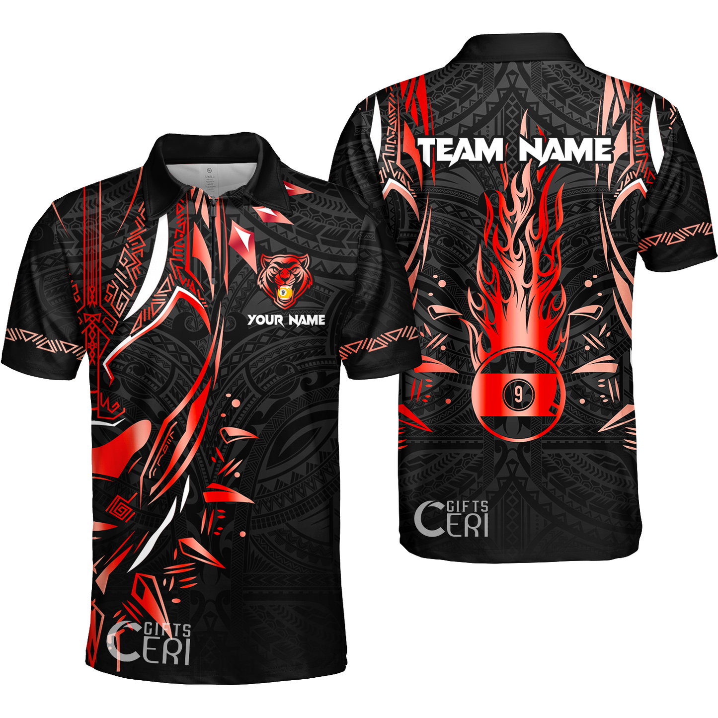 Customized Billiards Quarter-Zip Polo Shirt, Panther Forever Flaming 9 Ball Personalized Jersey Gift For Billiard Players